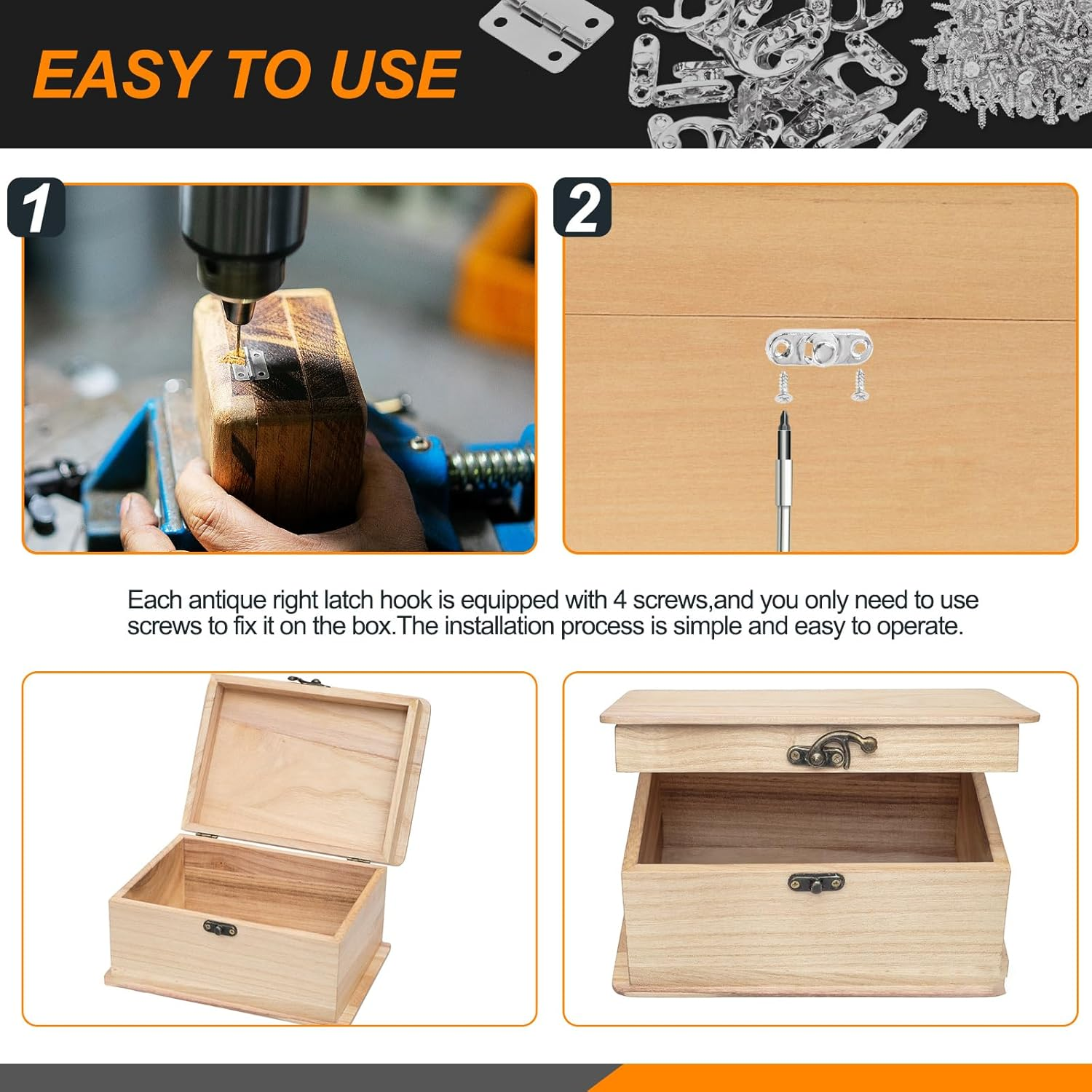 20 Sets Silver Antique Small Box Hinges Right Latch Hook Hasp Horn Lock Jewelry Box Hardware Antique Brass Latch Hook Clasp Mini Hinges for DIY Crafts Jewelry Wooden Box - Silver image number 3