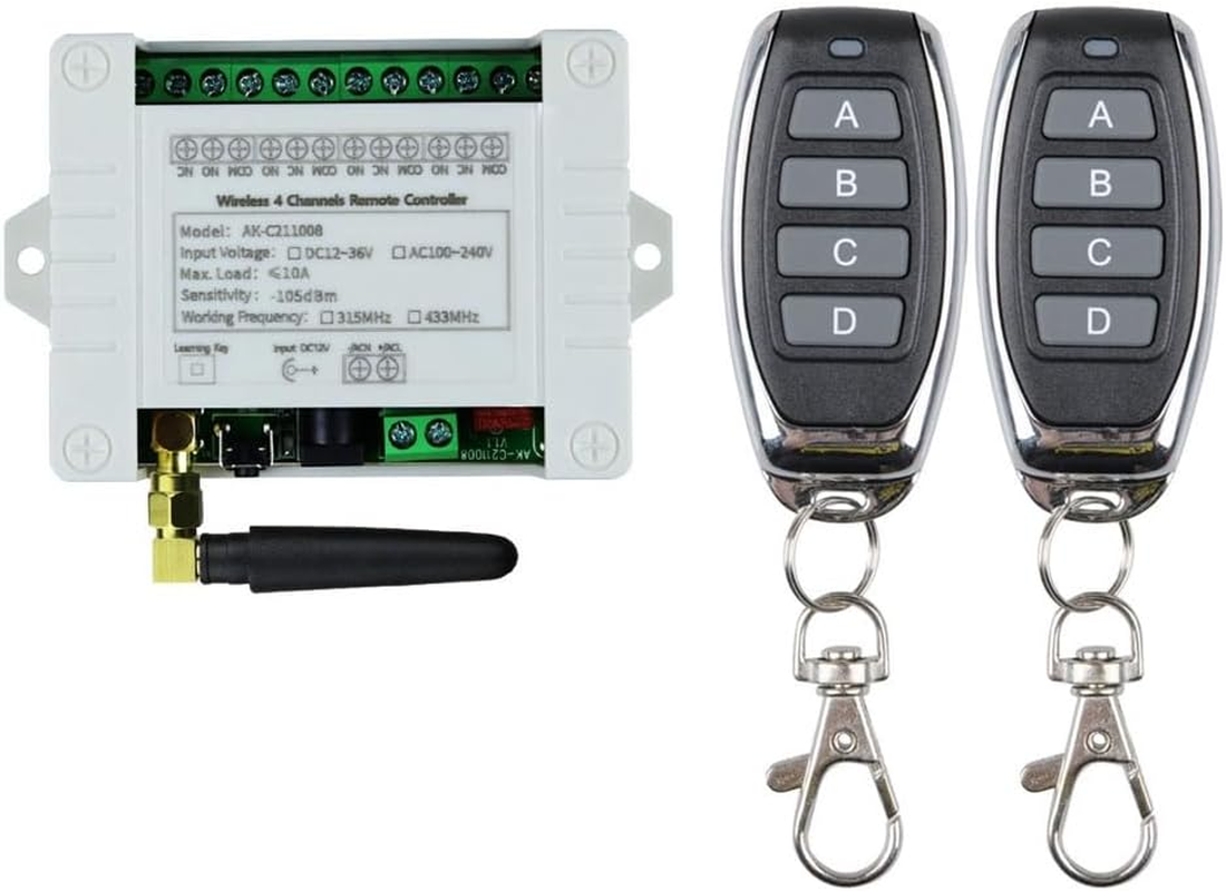 Aribrnten DC 12V 24V 36V 10A 433Mhz 4 Channel Wireless Relay RF Remote Control Switch Receiver+4Ch Transmitter,1 Receiver 2 Remote image number 6