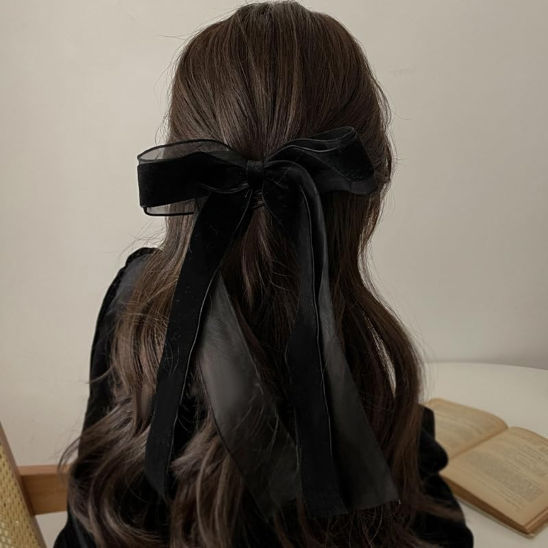 Bow Clips Black Ribbons for Women Girls Mesh Velvet Bows Hair Accessories Ribbon Bowknot Barrettes Long French Clip image number 2