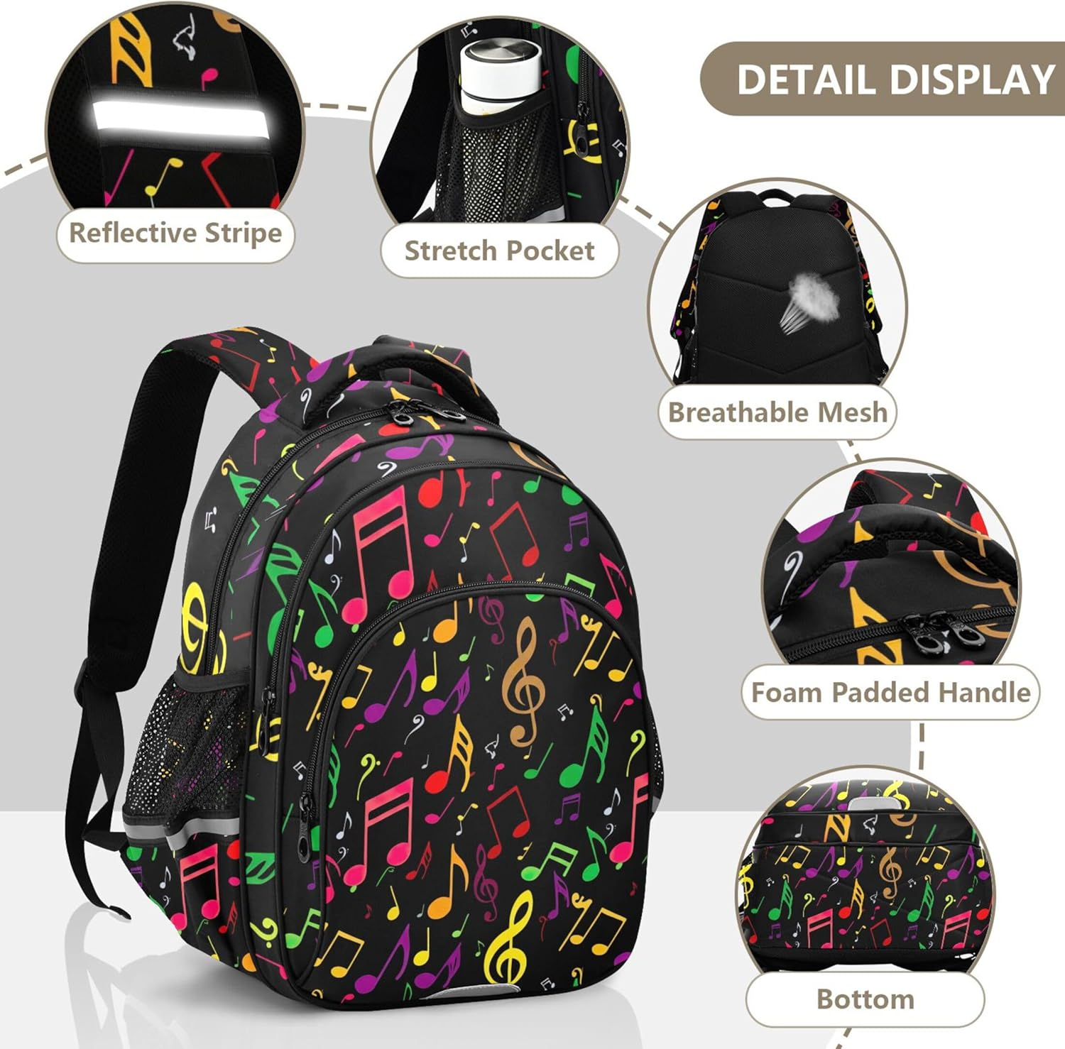 Joisal Backpacks Colorful Music Notes Symbols Black Kids Backpacks Daypack School Supplies Preschool Book Bag Colorful image number 1