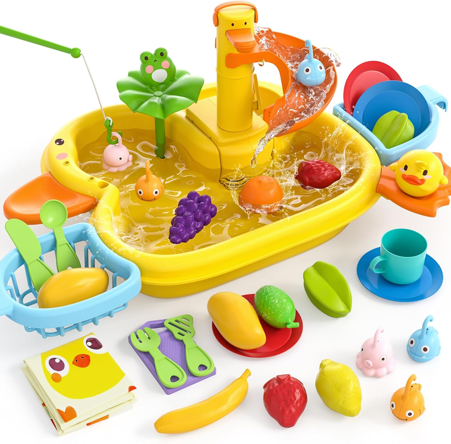 3-In-1 Play Sink with Running Water, Kids Kitchen Sink Toys with Electric Duck Faucet, Pretend Play Kitchen Accessories, Play Food, Water Slide Track, Pool Floating Fishing Game Boys Girls image number 5