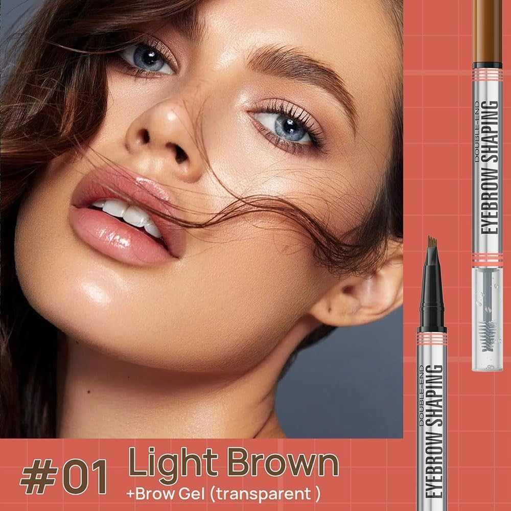 2-In-1 Brow Pen and Sealing Brow Gel, 3D Microblading Eyebrow Pen Waterproof with 4 Fork Tip & Precise Brow Brush,24H Smudge-Proof 3D Hair-Like Strokes, All-Day Lasting (01#Light Brown) image number 3