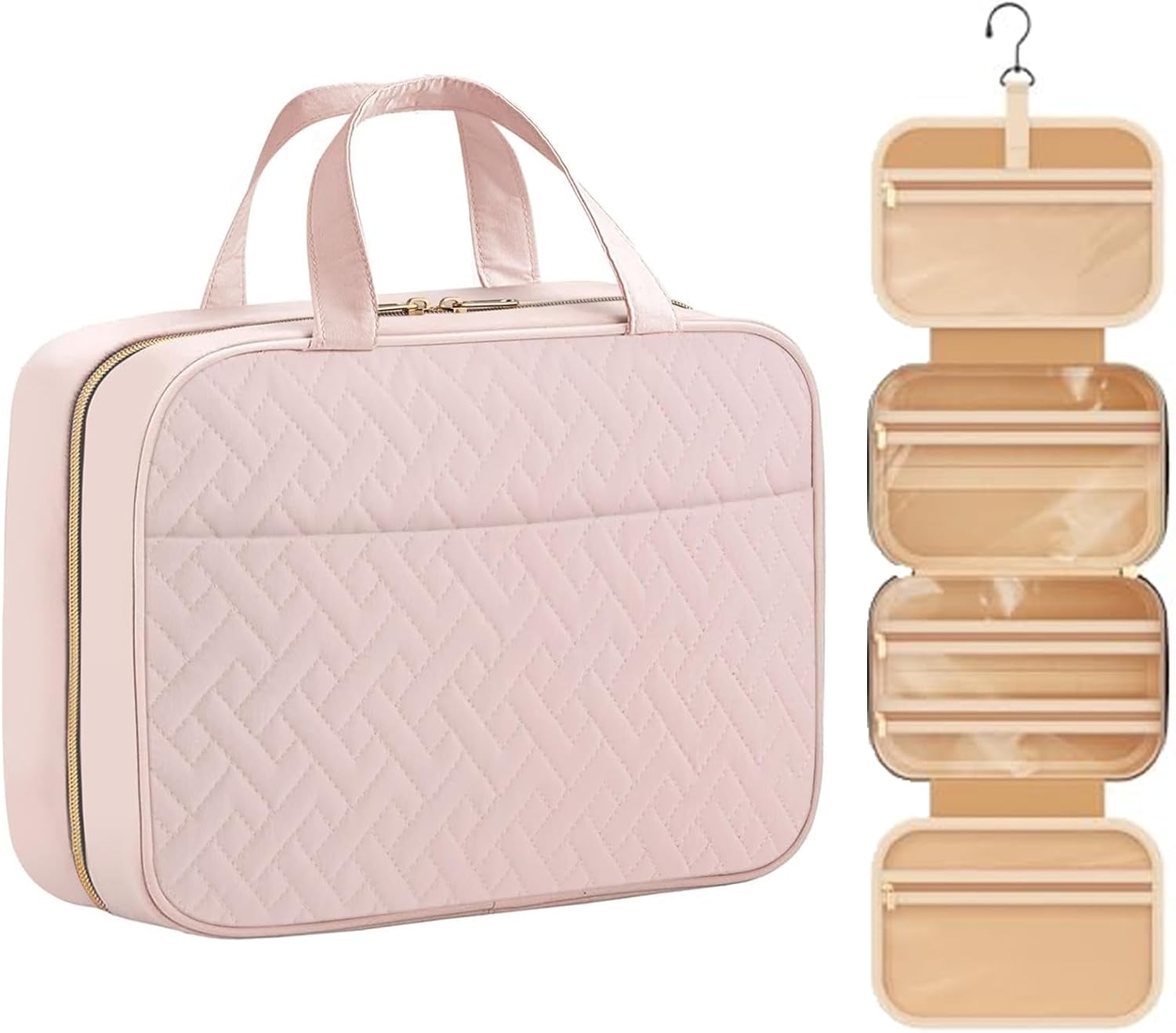 Hanging Toiletry Bag, 4 Sections Toiletry Bag Travel Bag Water-Resistant Portable Cosmetic Bag with Hanging Hook Multifunctional Travel Organizer for Toiletries, Cosmetics, Makeup, Brushes(Black)