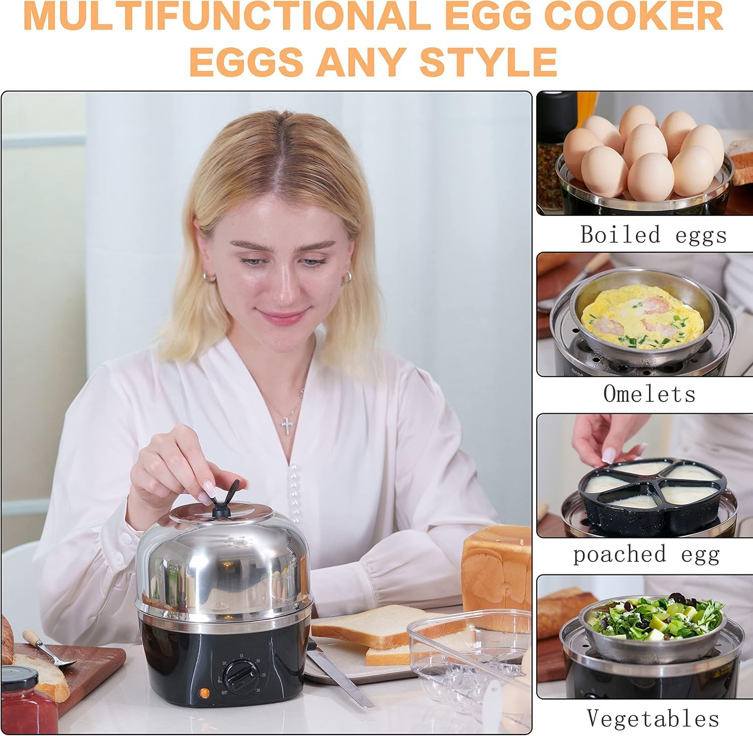 304 Stainless Steel Interior & Exterior, 9-Egg Capacity Rapid Electric Egg Cooker: Perfect for Hard-Boiled, Poached, & Scrambled Eggs, with Auto Shut-Off & 30-Minute Timer Settings