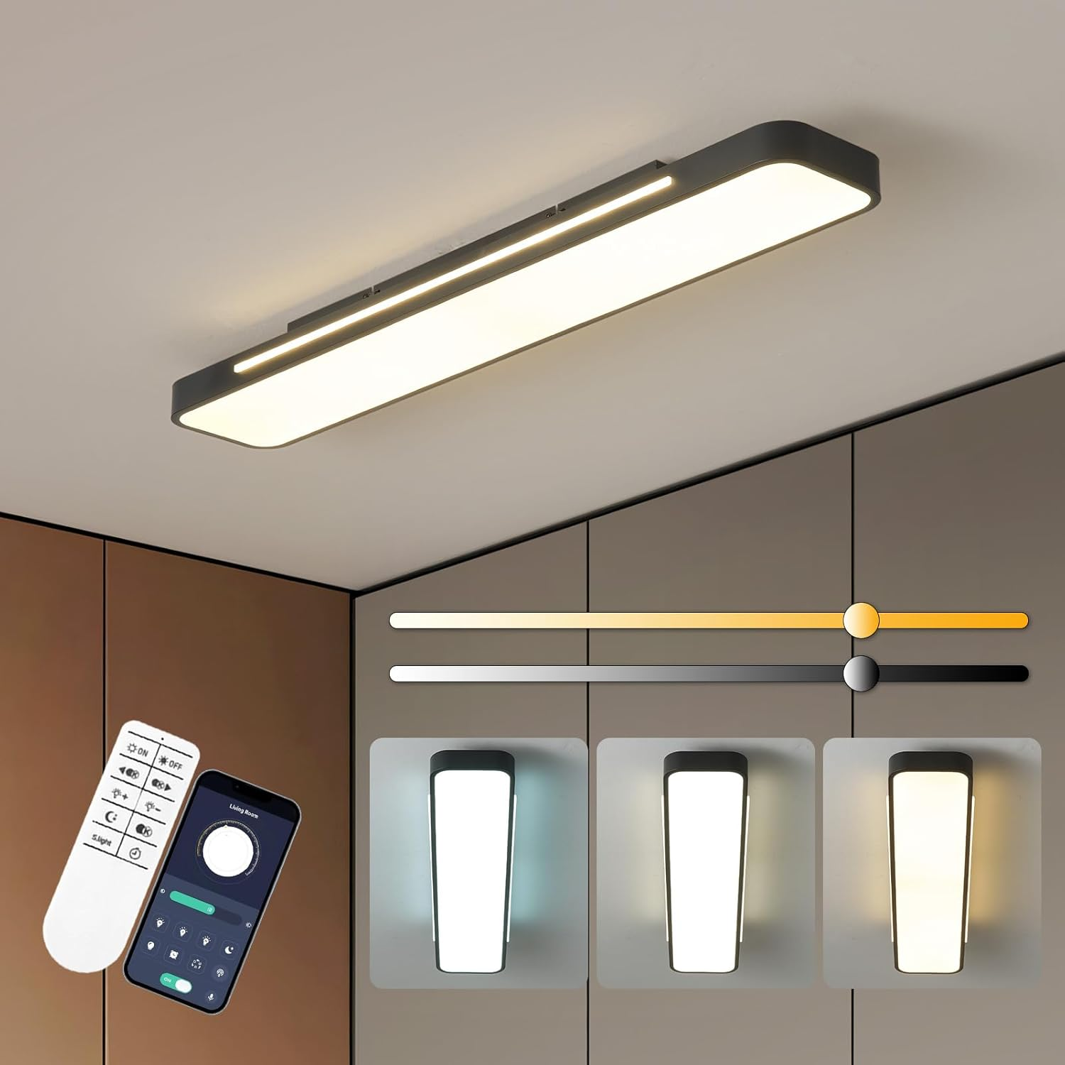 Modern LED Ceiling Light Fixture, Dimmable Black Flush Mount Ceiling Light with Remote, 60W Upgraded Square Bedroom Ceiling Lamp LED Chandelier for Living Room Kitchen Hallway,15.7''