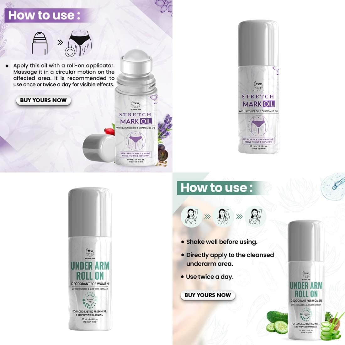 Tnw-The Natural Wash Body Care Combo with Stretch Mark Oil and under Arm Roll on | for Reducing Stretch Marks & Controlling Odor | Suitable for All Skin Types image number 2