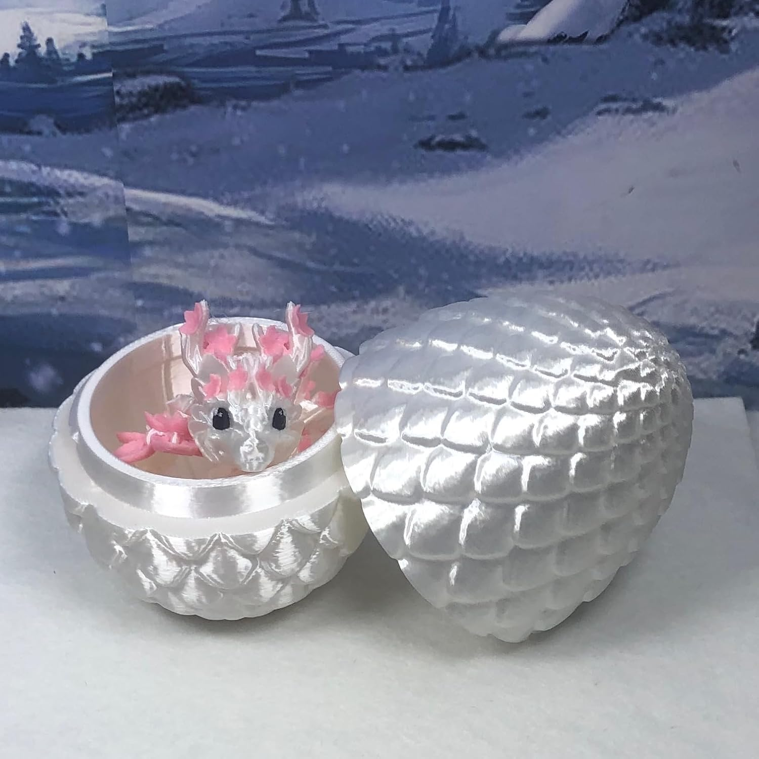 Generic 3D Printed Baby Dragon with Dragon Egg, Articulated Baby Dragon, 6"" Pink and White Cherry Blossom Baby Dragon, Fidget ADHD Autism Sensory Toy MBD04-WT