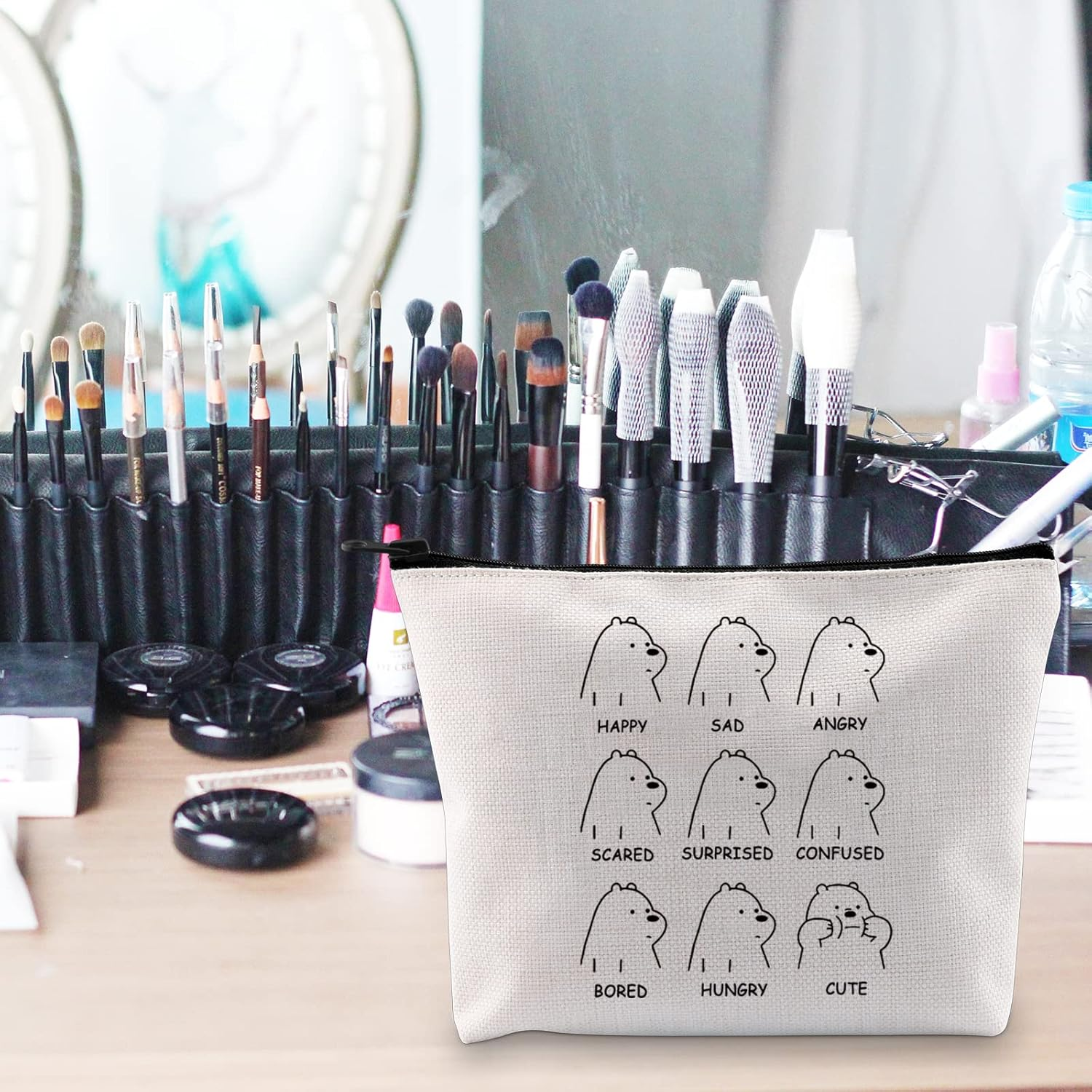 POFULL Ice Bear Moods Gift Bare Bears Lover Gift Animal Bear Cosmetic Bag Polar Bear Gift, HAPPY SAD ANGRY Bag