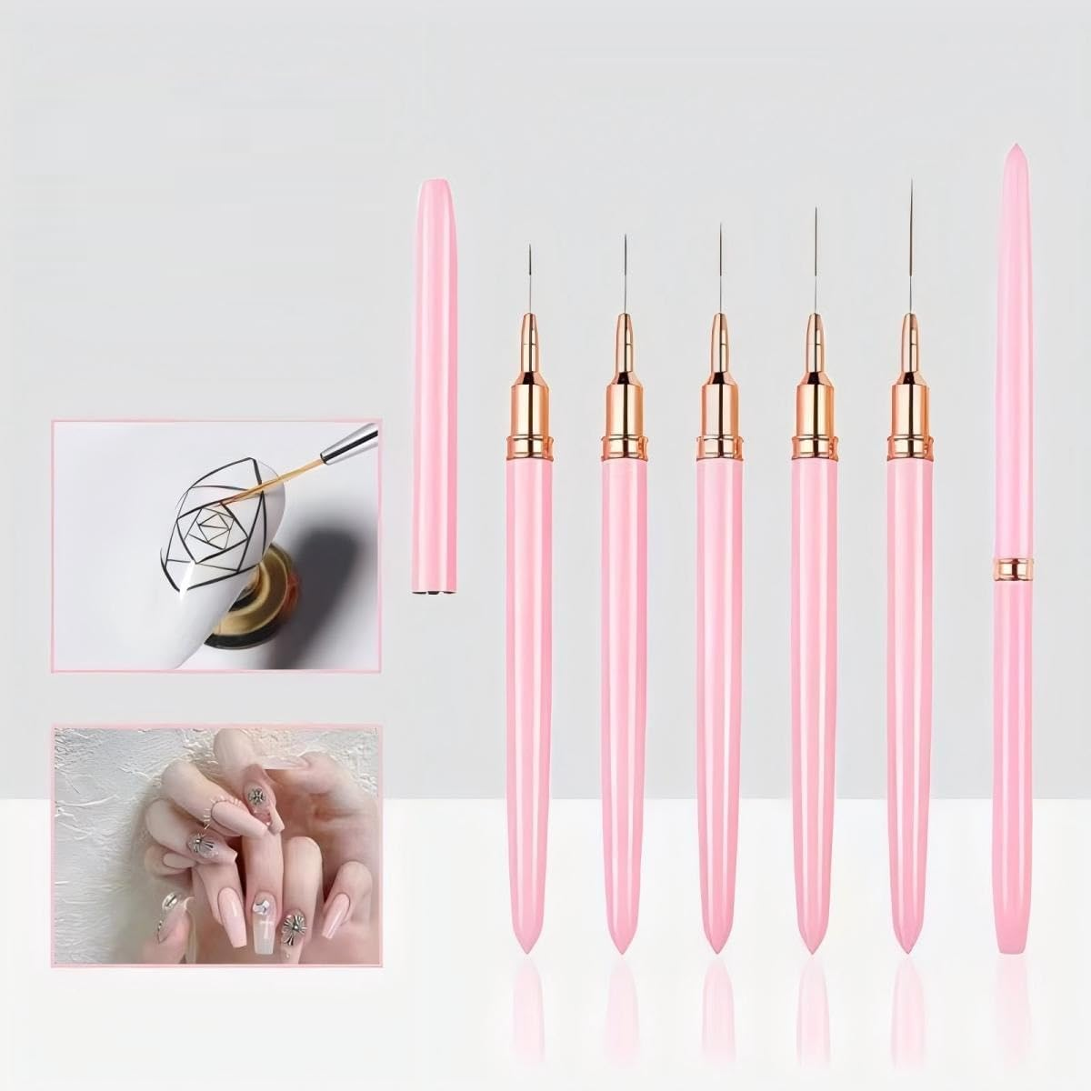 HIGHROCK 5PCS Nail Art Liner Brushes, Elongated Lines Nail Painting Drawing Pen Detailer Thin Liner,1Pc Dual-Ended Polygel Brush & Picker Brush Tool (PINK) image number 3