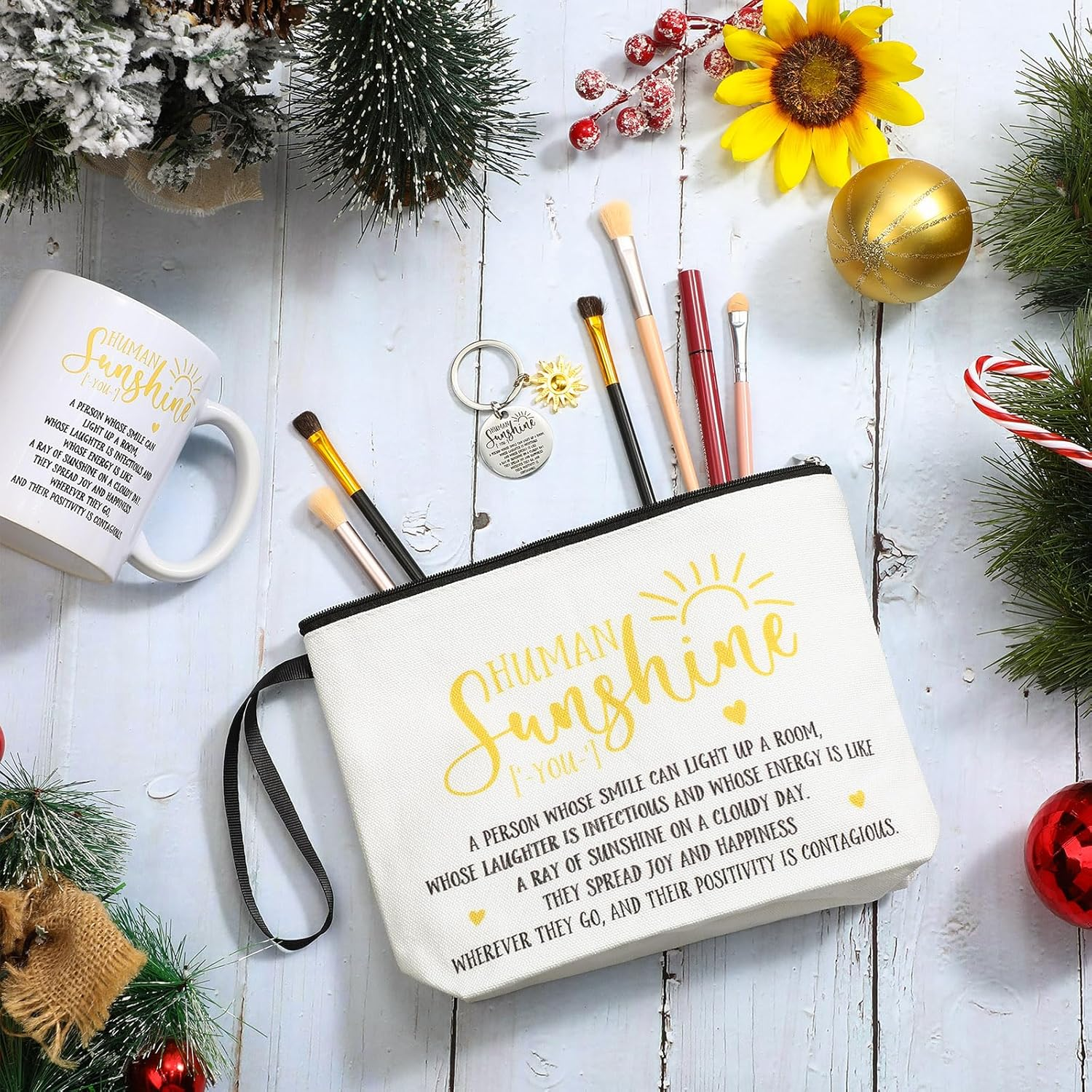 Crtiin 3Pcs Human Sunshine Makeup Bag Gifts Sets Inspirational Thank You Gifts for Woman Human Sunshine Makeup Bag 11.2 Oz Novelty Coffee Mug Keychain Christmas Birthday Gifts Coworker Gifts, as The