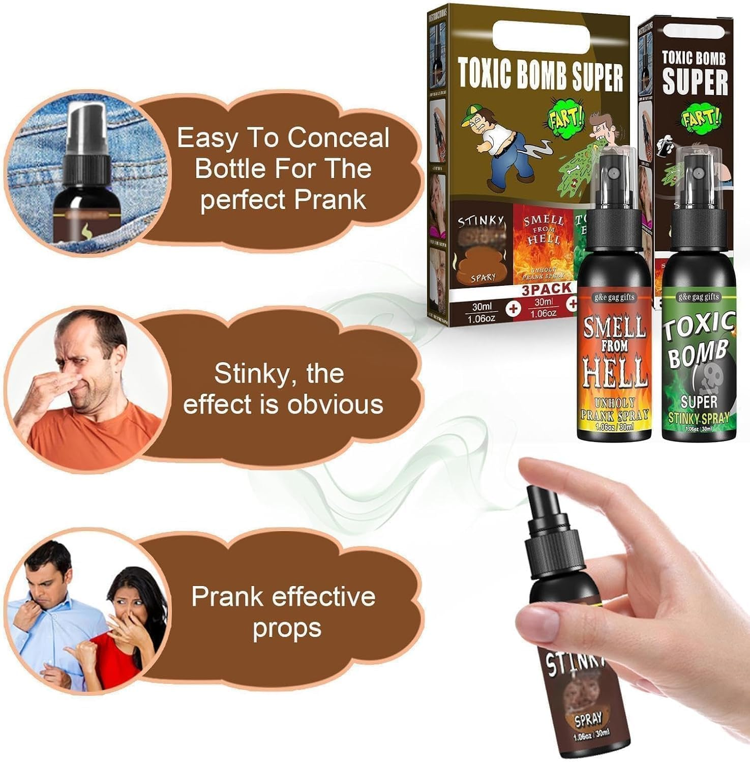 Zgchengzi 3PC Wet Farts-Potent Stink Spray/Ocean of Vomit,Poop Spray Prank,Extra Strong Stink/Hilarious Gag Gifts & Pranks for Adults/Smells like Really 'Bad' Gas(3 * 30Ml/1Floz) image number 1
