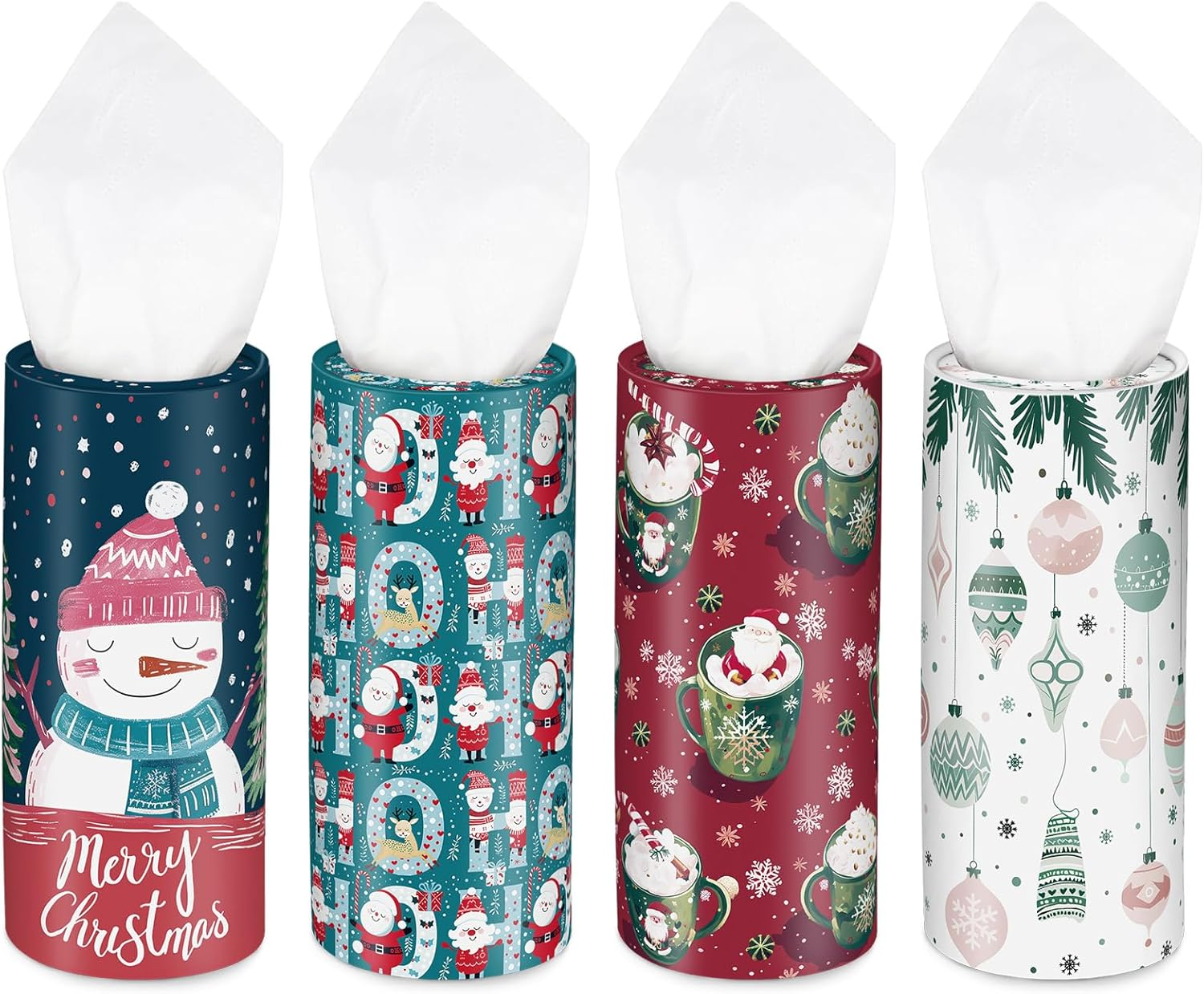 4 Pcs Christmas Car Tissue Holders with Facial Tissues, round Boxes with Festive Santa, Cardinal, Horse, and Snowman Designs, Winter Holiday Essentials for Car, Home, and Office