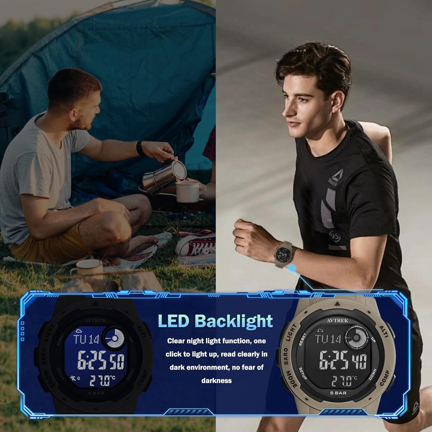 AVTREK Digital Sport Watches for Men, Women, and Teenagers, Army Military Compass Watches with Steps Tracker and Altimeter, Tactical Survival Watch, Multi-Functional Outdoors Waterproof Watches&hellip; - Blue image number 3