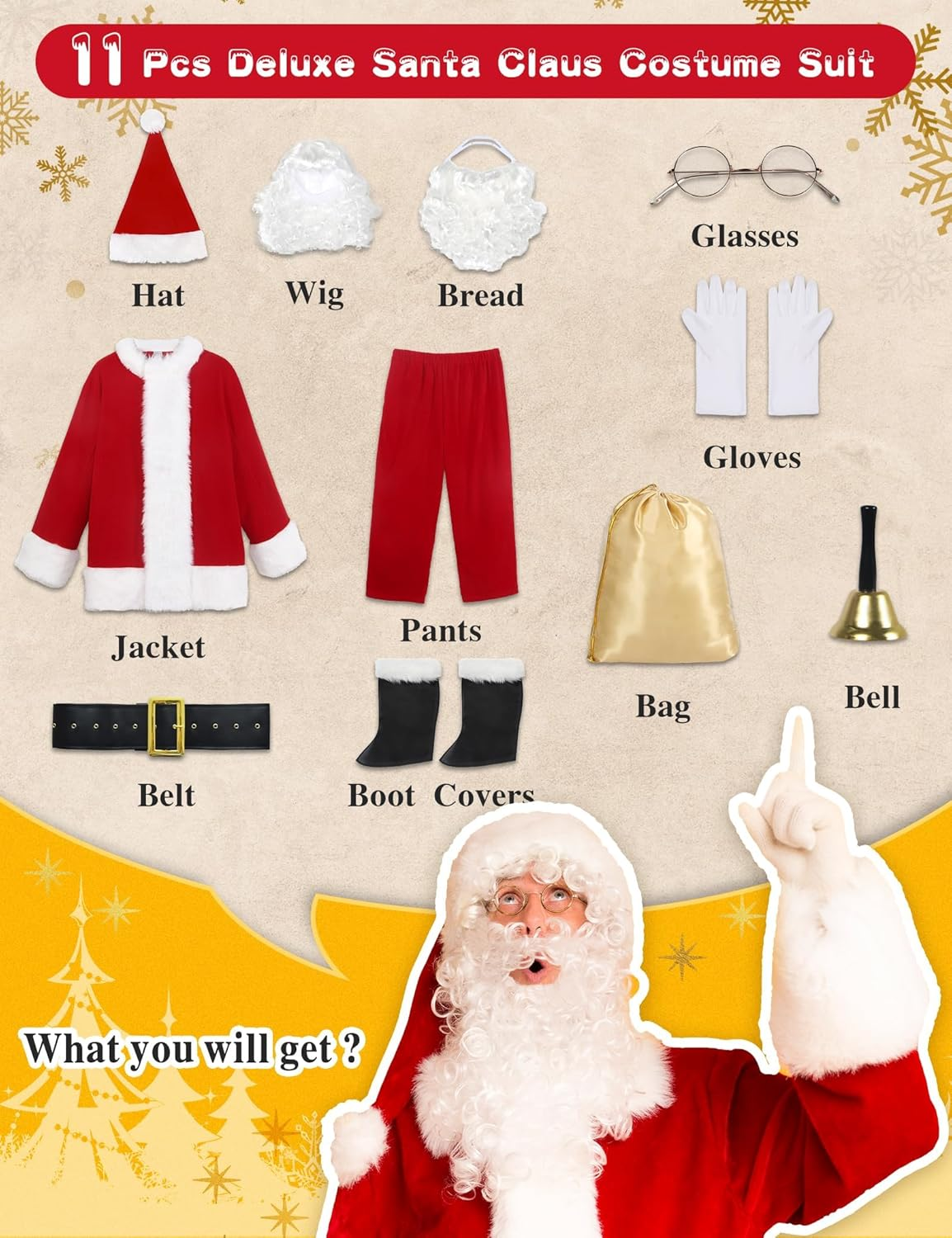Christmas Santa Claus Costume for Men Adult 11 Pcs Deluxe Velvet Suit Outfit Xmas Santa Holiday Party Cosplay image number 5