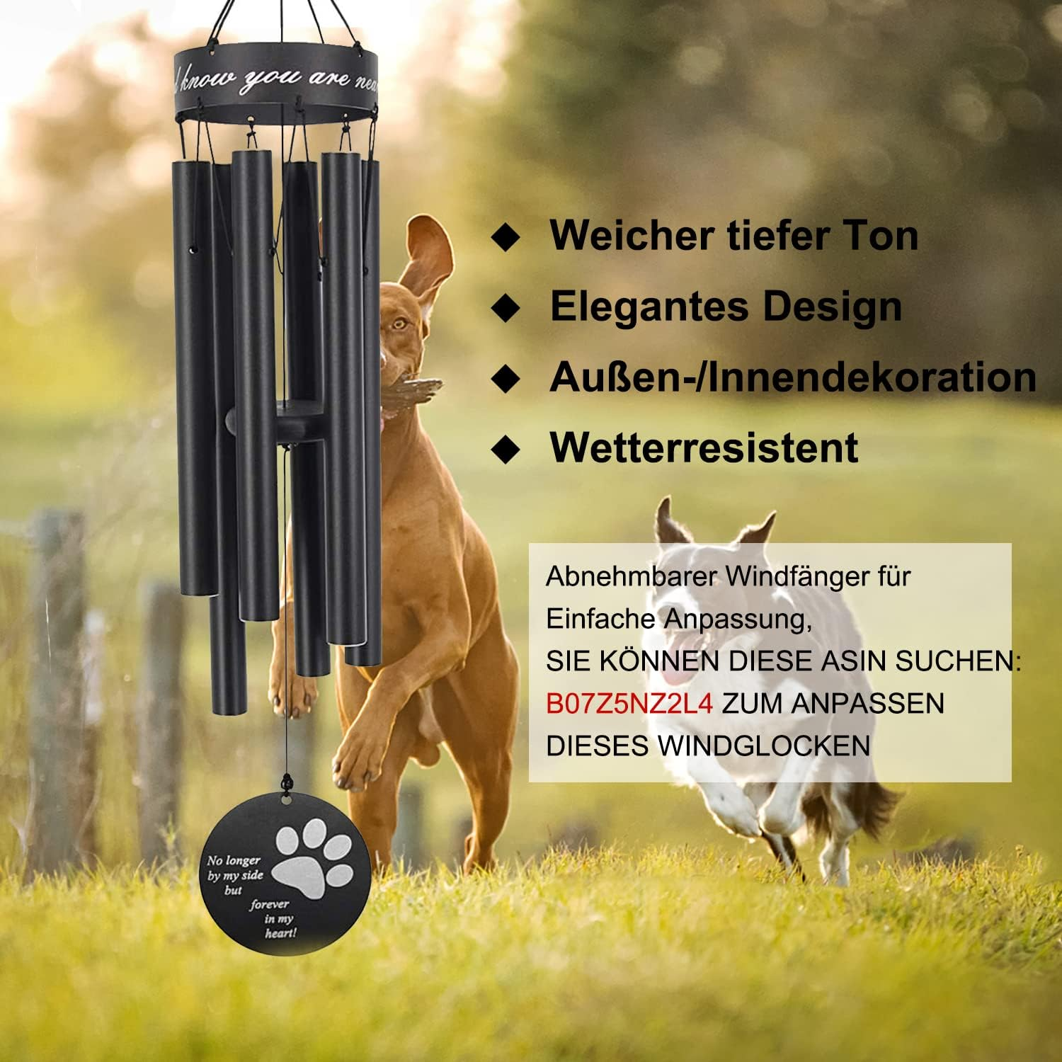 Astarin Pet Memorial Wind Chime, 30'' Paw Print Pet Remembrance Gift to Honor and Remember a Dog, Cat, or Other Pet, Premium Metal Wind Chime, Black