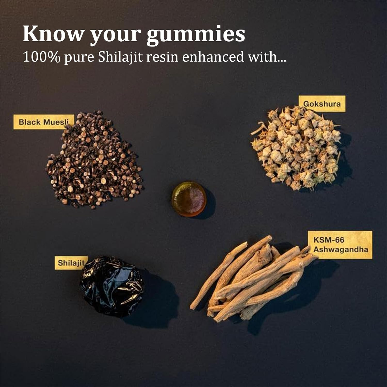 Shilajit Gummies | Pure Himalayan Shilajit Gummies Gold | Lab Tested I No Added Sugar | Ashwagandha,Gokshura | Fulvic Acid & 85+ Trace Minerals for Men,Women Non-Gmo 60 Gummy Shilajit image number 4