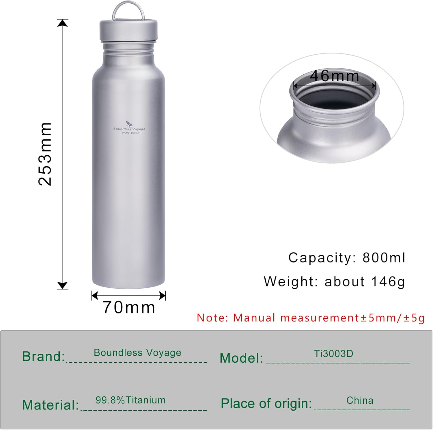 Boundless Voyage 800Ml Titanium Sports Bottle with Titanium Lid Outdoor Cycling Hiking Titanium Bottle