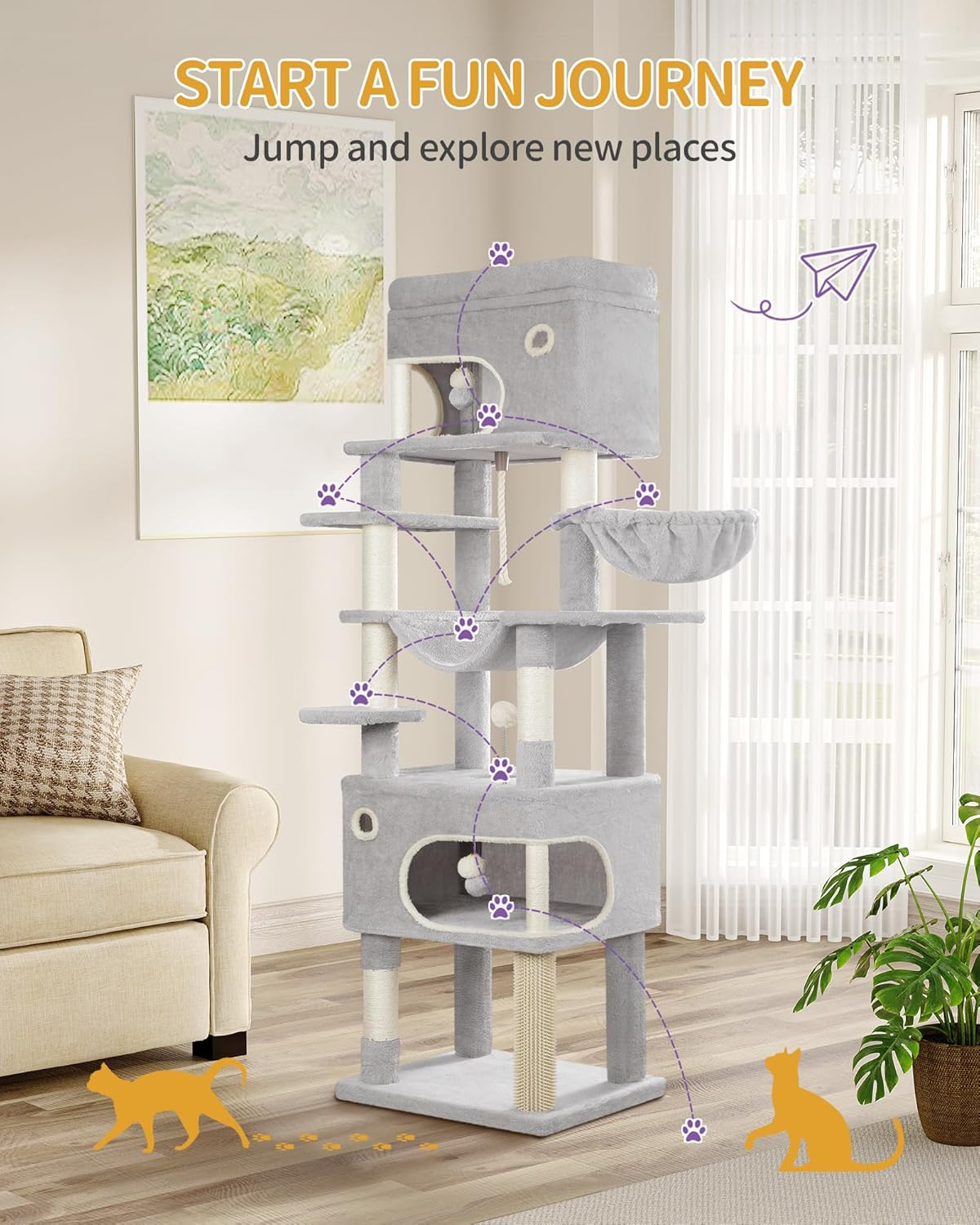 Hzuaneri 178Cm Cat Tree for Indoor Cats, Multi-Layer Scratching Post with Large Platform, 2 Caves, 7 Sisal Posts, Pompoms, Cat Basket, Hammock, Suitable for Cats, Light Grey MS17818LG image number 6