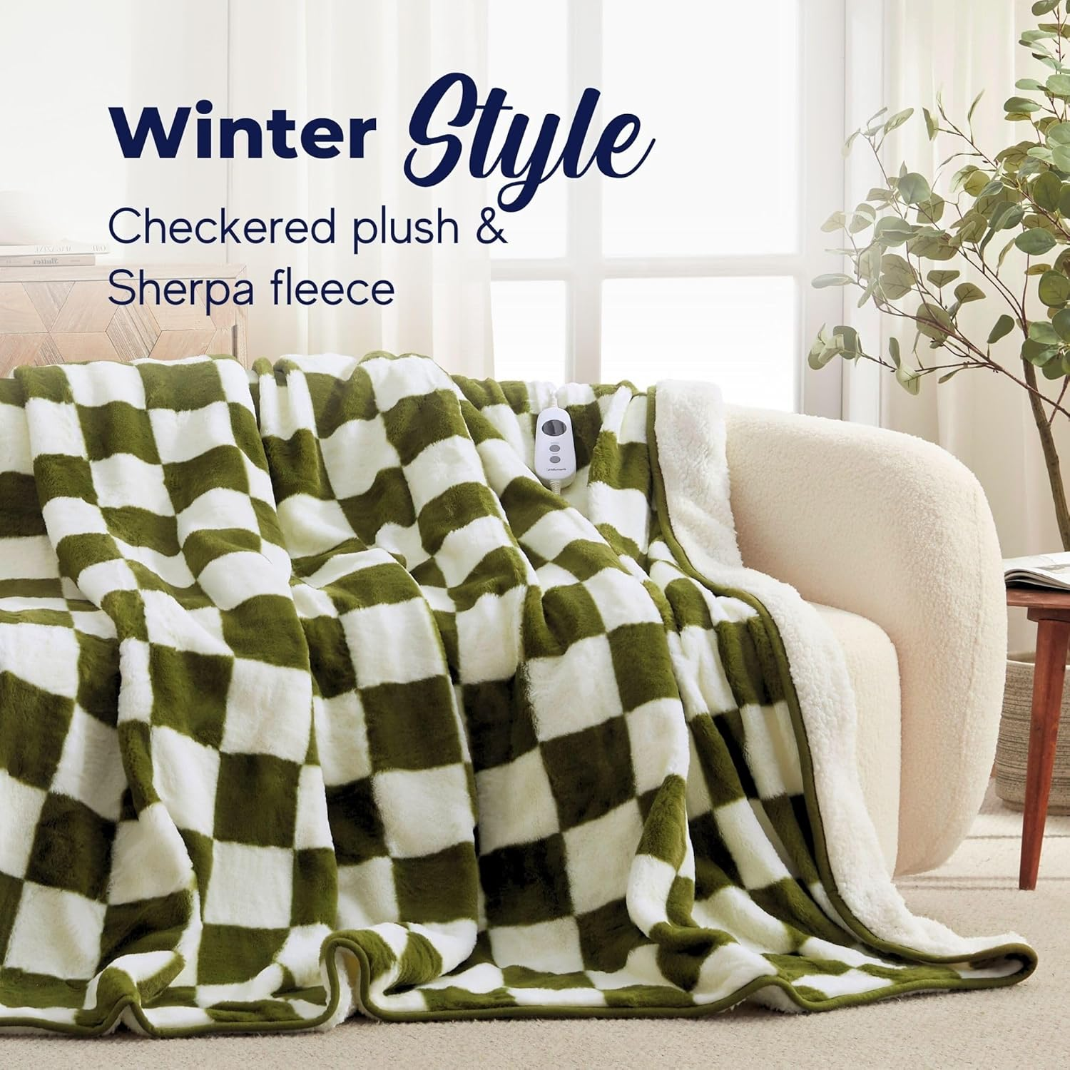 Dreamaker Checkered Plush Fleece Electric Heated Throw Blanket 200X180Cm Warm Sherpa Fleece Reversible Rug Energy Efficient Overheat Protection 9 Heat Setting Extra Long Cord Controller- Olive & Cream image number 6