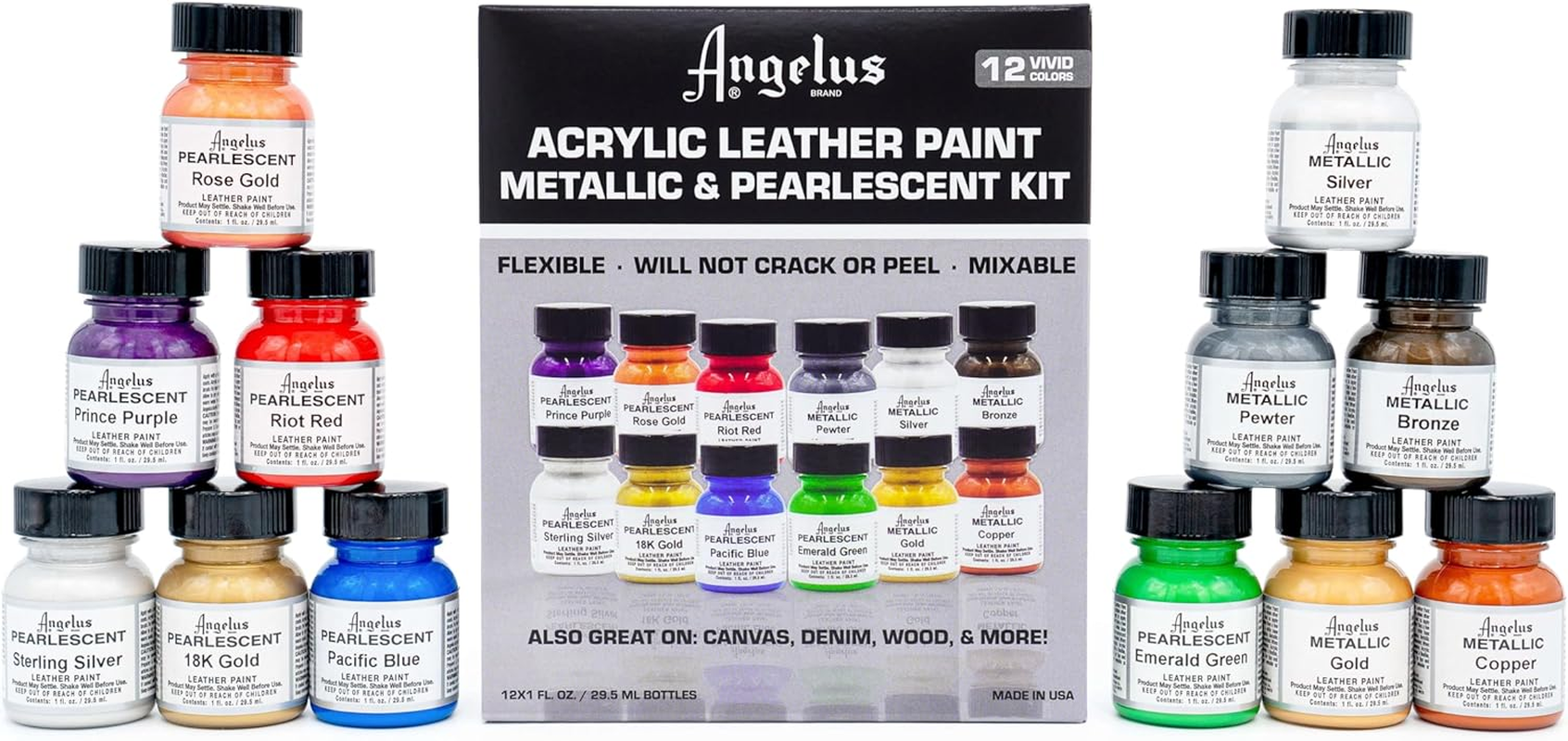 Angelus Acrylic Leather Paint Kit Metallic & Pearlescent 12 Pack Set image number 2