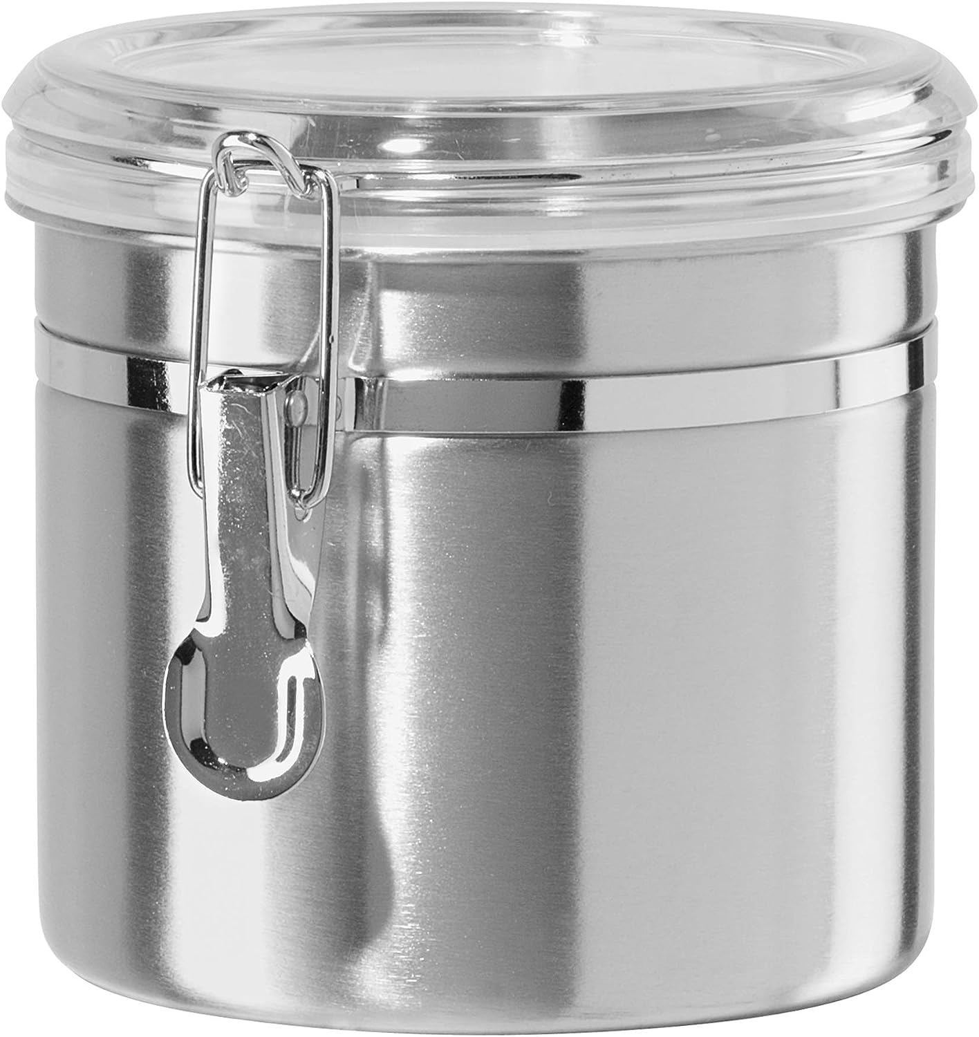 OGGI Stainless Steel Kitchen Canister 62Oz - Airtight Clamp Lid, Clear See-Thru Top - Ideal for Kitchen Storage, Food Storage, Pantry Storage. Large Size 5" X 7.5".