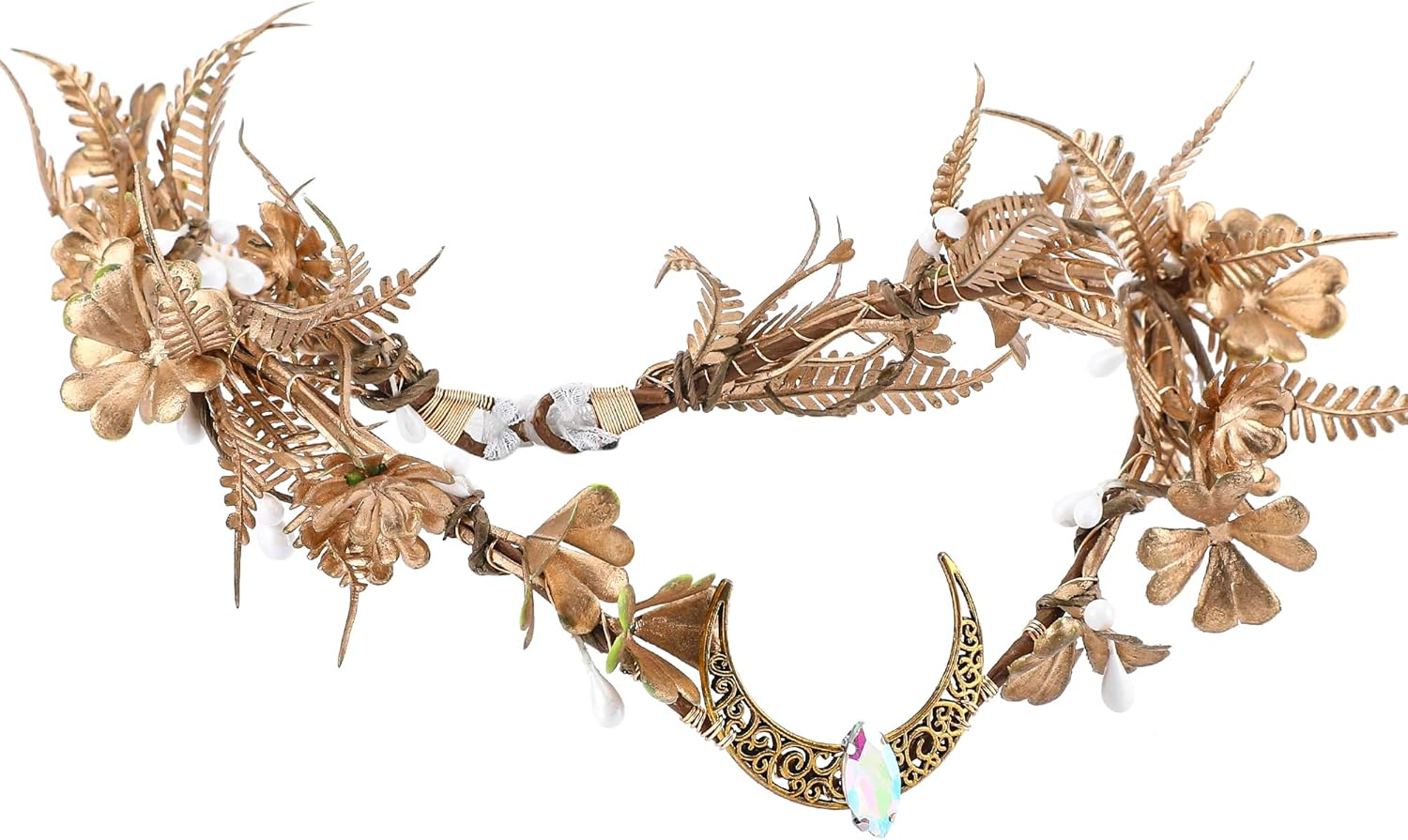 MOSTORY Golden Elf Crown for Women Forest Flower Headband for Renaissance Cosplay Moon Fairy Elf Headpiece for Party Photo Shoots image number 2