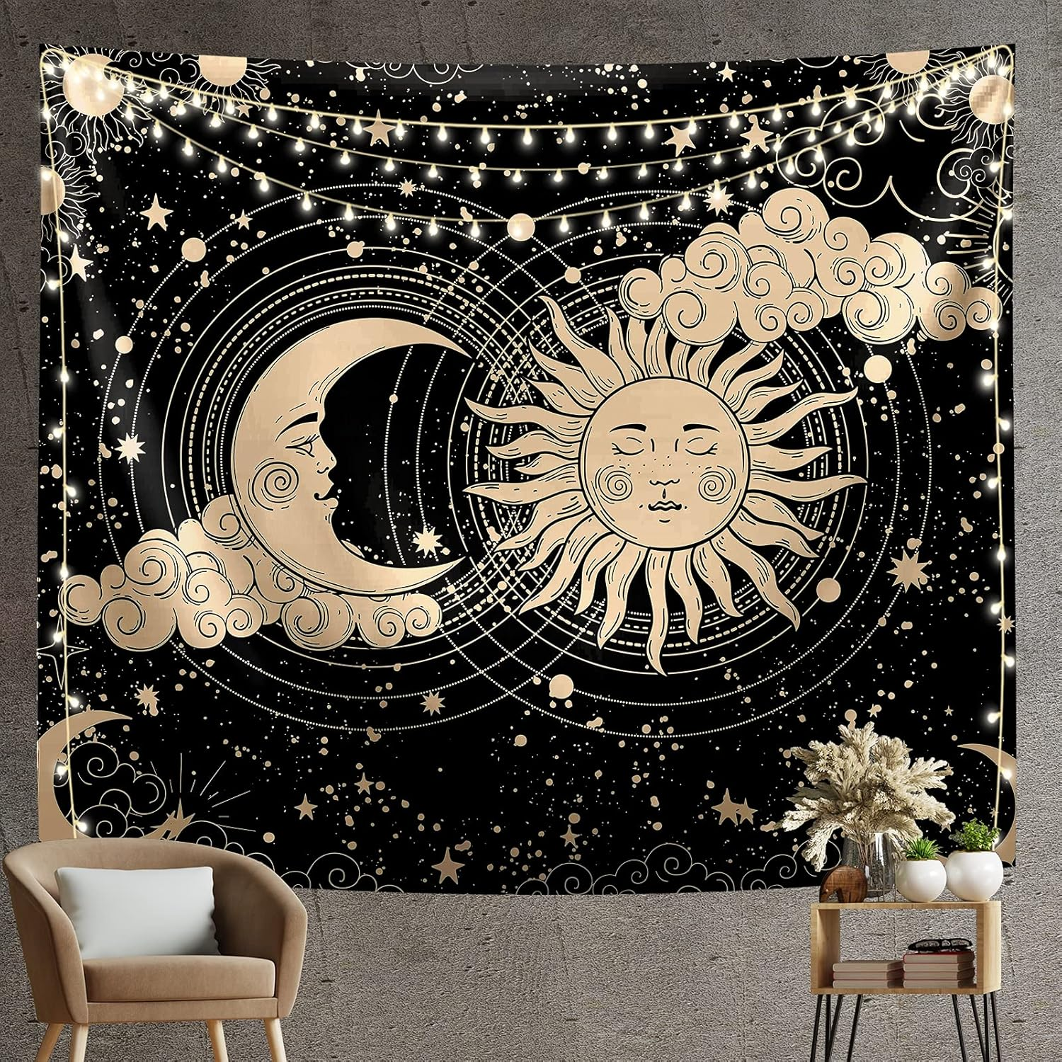 IMANDALE Sun and Moon Tapestry Aesthetic Sun Moon Tapestry Black Dark Spiritual Tapestries Wall Hanging Room Decor for Bedroom, Livingroom (51"X59", Moon and Sun) image number 6