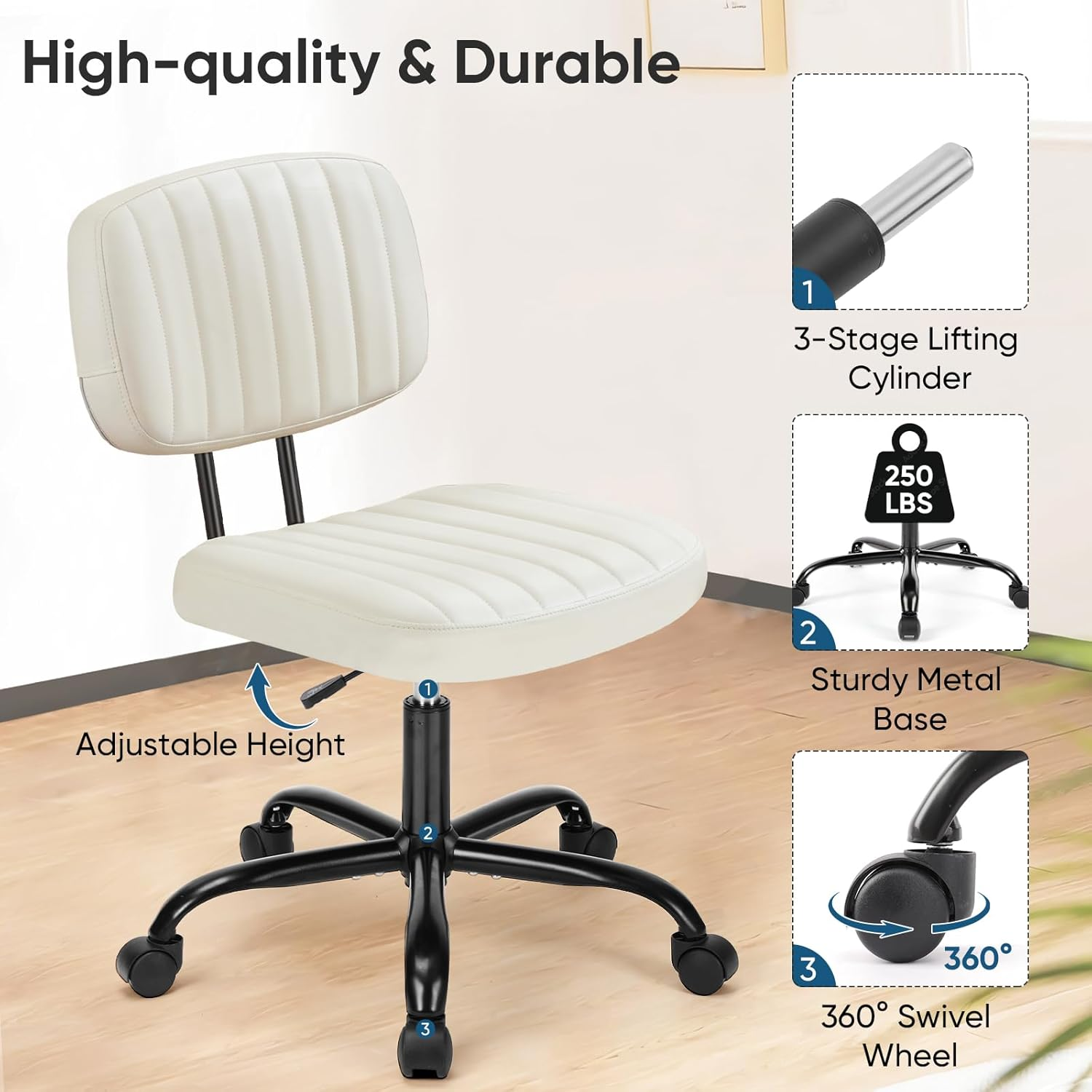 DUMOS Armless Home Office Chair Ergonomic Desk with Comfy Low Back Lumbar Support, Height Adjustable PU Leather Computer Task with 360&deg; Swivel Wheels, for Small Space, Kids and Adults, Beige White