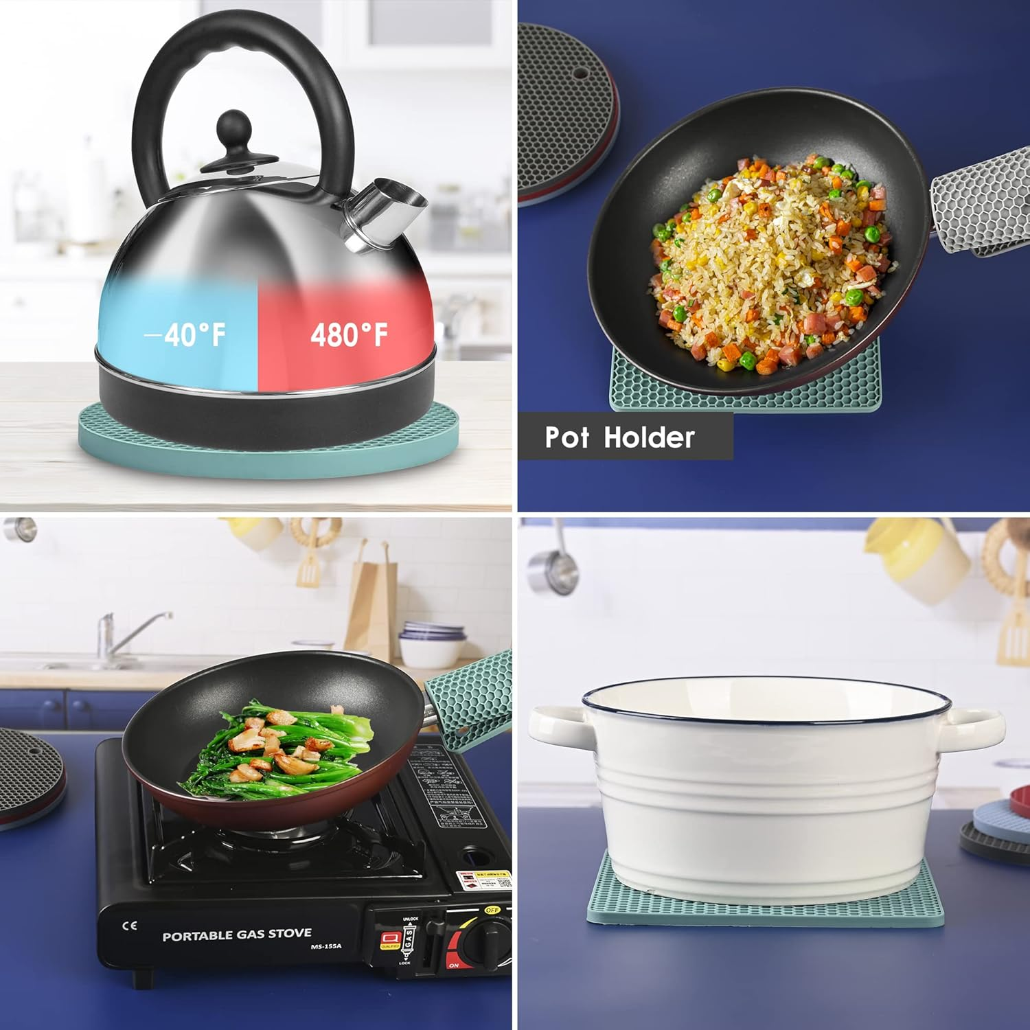 Black Silicone Trivets for Pots and Pans, Silicone Hot Pads Mats, Heat Resistant Trivet Mat Pot Holder, Counter Top Protector and Teapot Coaster Set of 4 (2 Round+2 Square Mats) image number 5