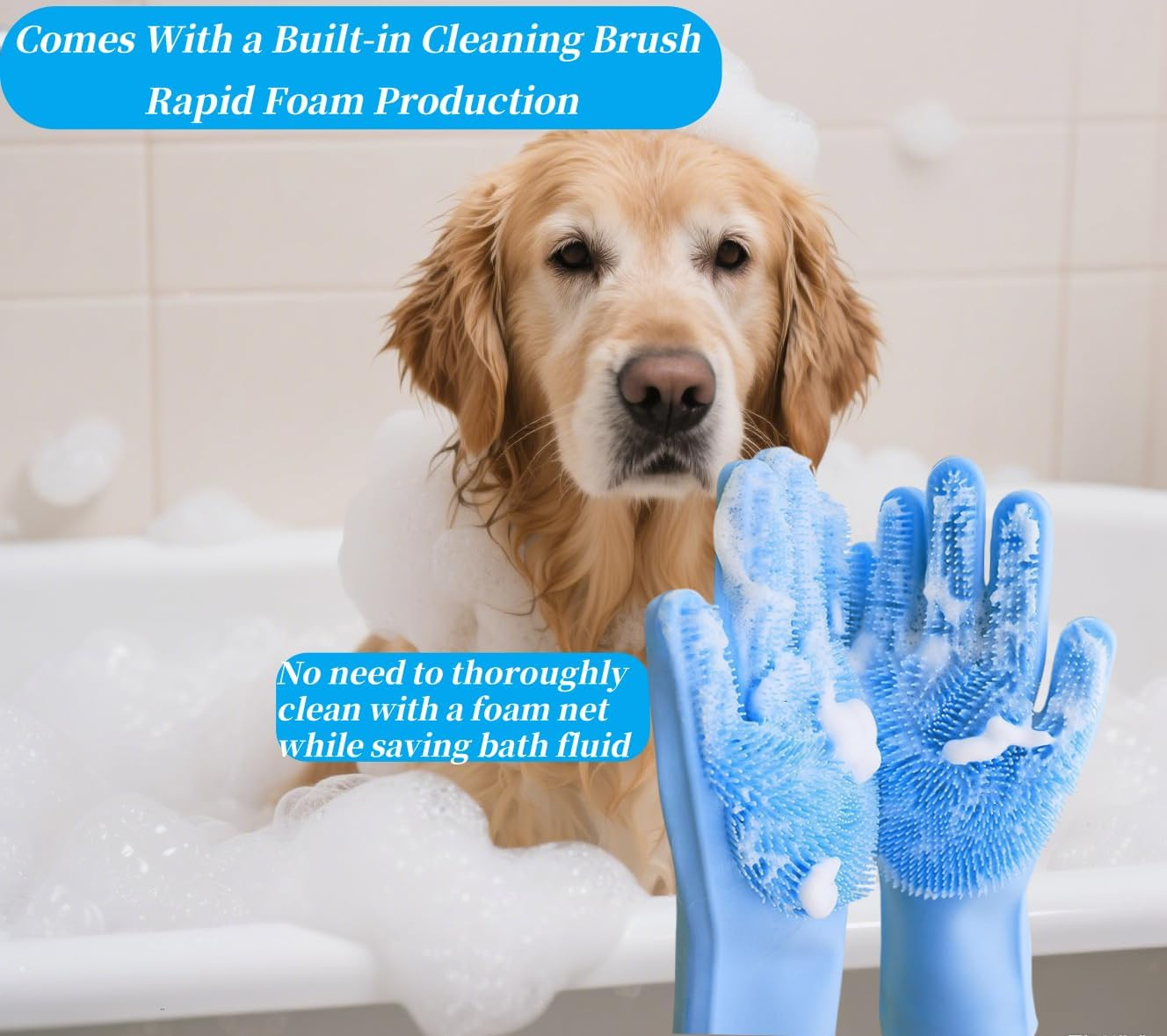 Bryzant Pet Grooming Gloves Extended Heat-Resistant High-Density Comb Silicone Gloves for Bathing Hair Removal and Massage for Dogs and Cats (Blue) ﻿ image number 4