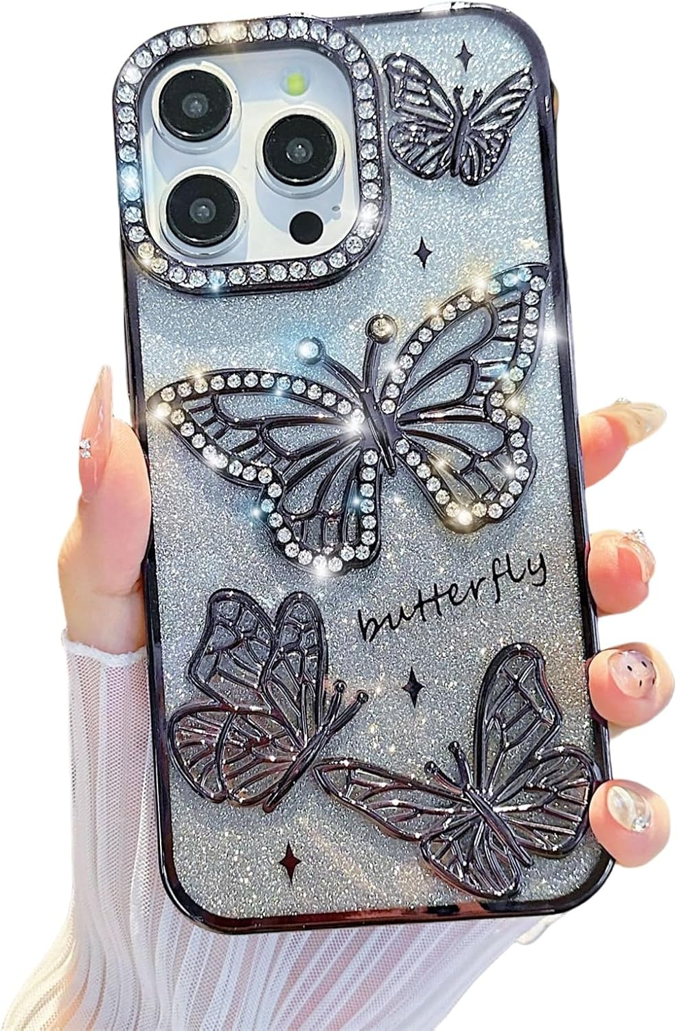 Emlivi Glitter Case for Iphone 16 Plus, 3D Butterfly Bling Diamond Mobile Phone Case Transparent TPU Bumper Cover, Colour Gradient Card, Camera Protection, Shockproof Protective Case for Iphone 16
