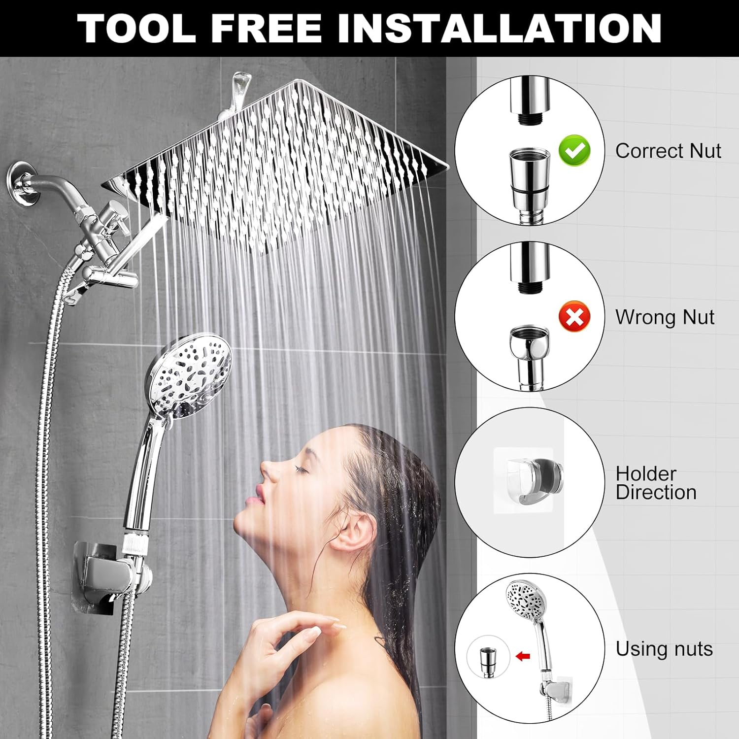 Liwcho Shower Head, 10 Inch High Pressure Rainfall Shower Head/Handheld Shower Combo with 11 Inch Extension Arm, 9 Settings Adjustable Anti-Leak Shower Head with Holder/Hose, Height/Angle Adjustable image number 3