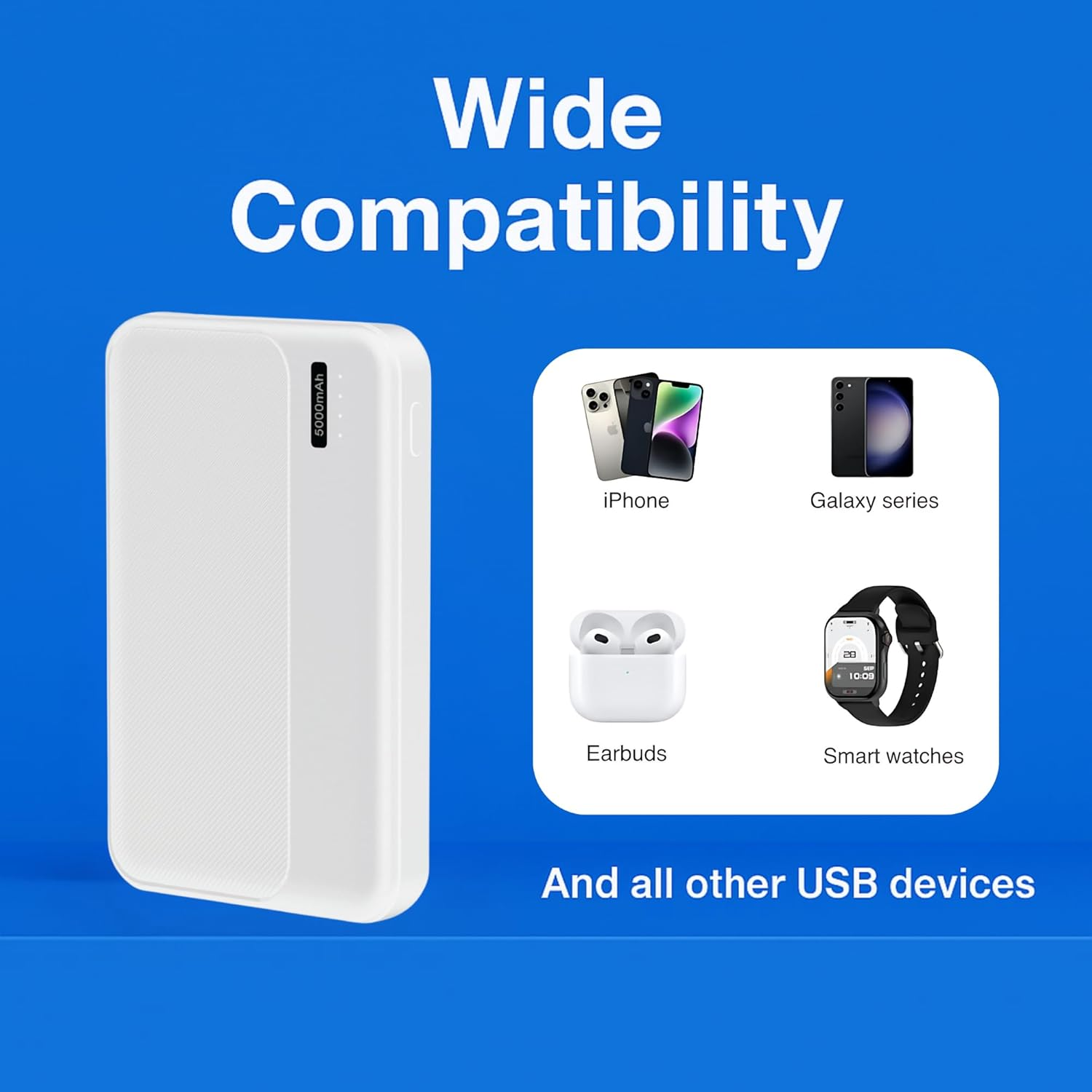 Laser Slim 5000Mah Portable Power Bank with LED Display &ndash; Lightweight Pocket Charger for Smartphones, Earbuds & Smartwatch &ndash; Compact Travel Battery Pack (White) image number 3