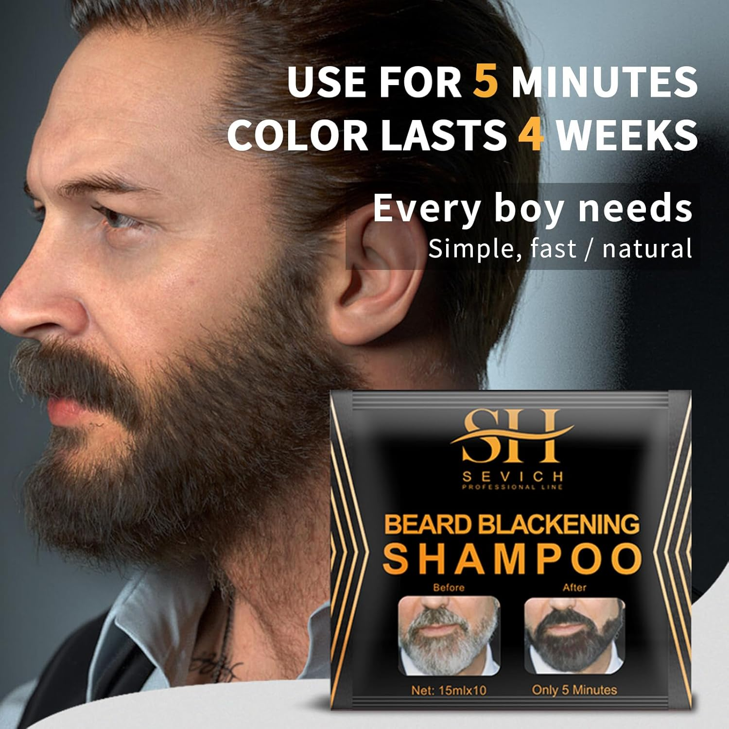 SEVICH Beard Blackening Shampoo for Men - Instant Natural Black Color, Anti-Hair Loss Formula, 10X15Ml Travel-Friendly Packets | Safe & Gentle Beard Dye with Nourishing Care