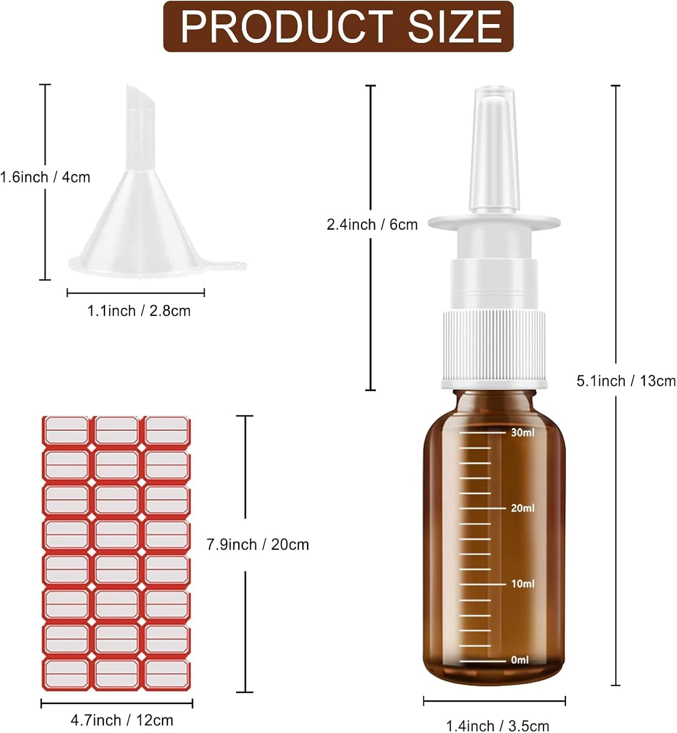 Damaill Nasal Spray Bottle, 5 Pcs 30Ml/1Oz Empty Amber Glass Bottle with Scale, Fine Mister Refillable Spray Bottles with Funnels Travel Lock Clips and Labels image number 1