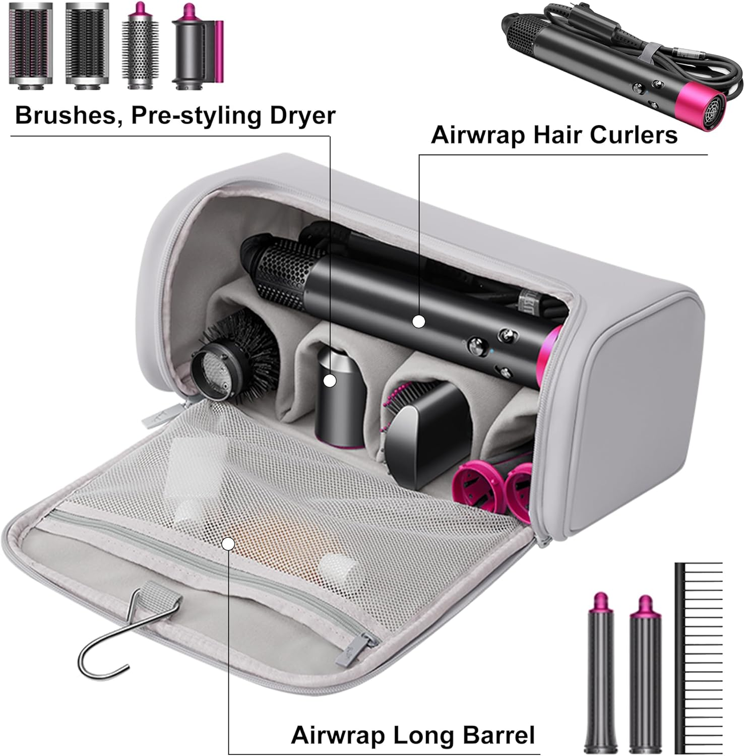 Travel Case Compatible with Dyson Airwrap Styler, Portable Storage Bag for Hair Curler and Attachments, Waterproof Travel Organizer with Hanging Hook Multi-Pockets (Grey) image number 5