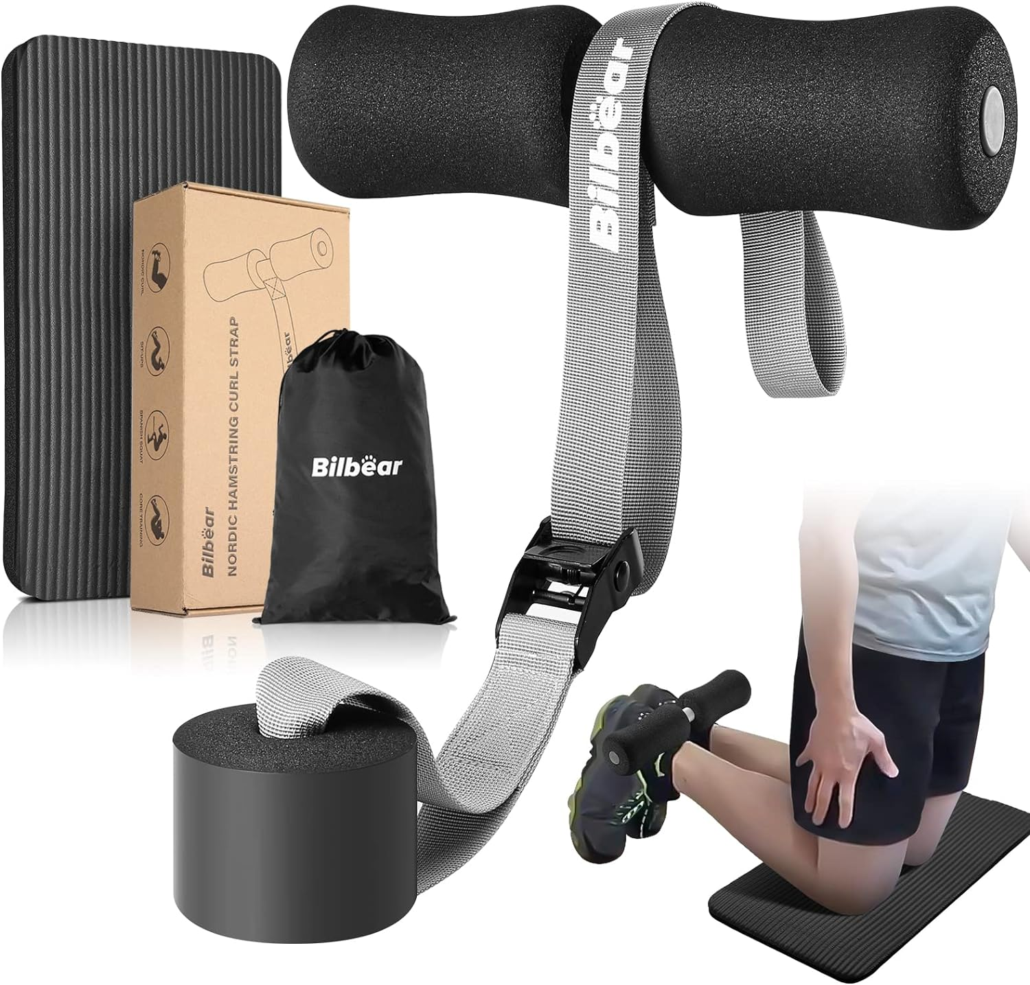 Bilbear Adjustable Nordic Hamstring Curl Strap with Kneeling Mat,Portable Nordic Strap for Hamstring Curls,Hamstring Stretch,Crunch,Sit-Ups,Nordic Curl Machine at Home,Withstand 400Lbs image number 1