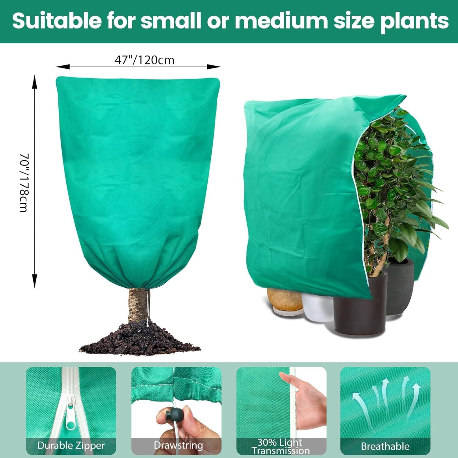 Plant Covers Freeze Protection, 2 Packs 120CM W X 180CM H Large Frost Cloth Blankets with Zipper Drawstring, Reusable Frost Tree Covers Shrub Jackets for Winter Outdoor Plants Potted Fruit Tree