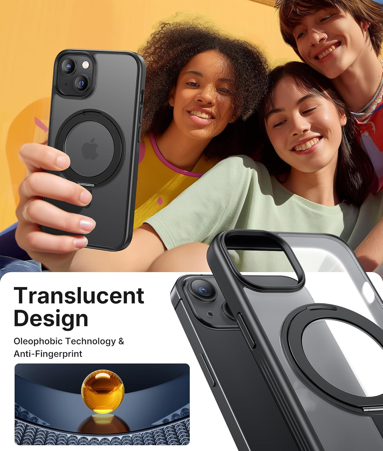 NIMASO for Iphone 13/14 Case with Ring Stand 360&deg;Rotatable, Compatible with Magsafe, Shockproof Military-Grade Protection, Translucent Matte Back Slim Magnetic Phone Case 6.1 Inch, Black image number 2