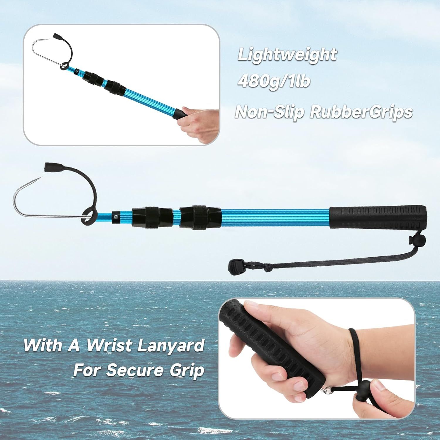 KOMCLUB Telescopic Fishing Gaff - Sturdy Aluminum Pole, Non-Slip Handle, Fish Gaff with Stainless Steel Hook Can Float When Extending，35.4In 6.6Ft S/M Length Spear for Saltwater Fish image number 6