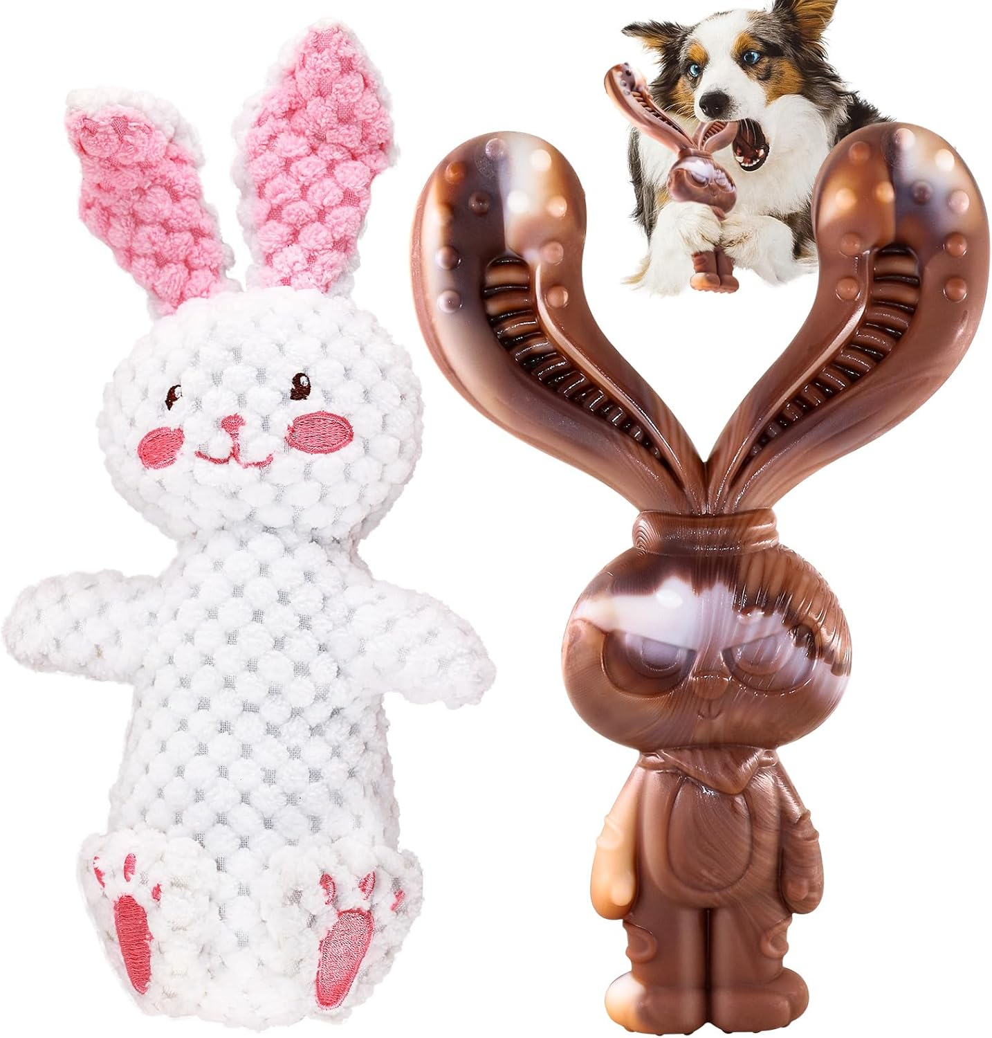 2 PCS Dog Chew Toys for Aggressive Chewers,Indestructible Rabbit Shape Beef Flavored Dog Chew Toy,Squeaky Bunny Plush Toys,Great for Small, Medium, Large Dogs image number 2