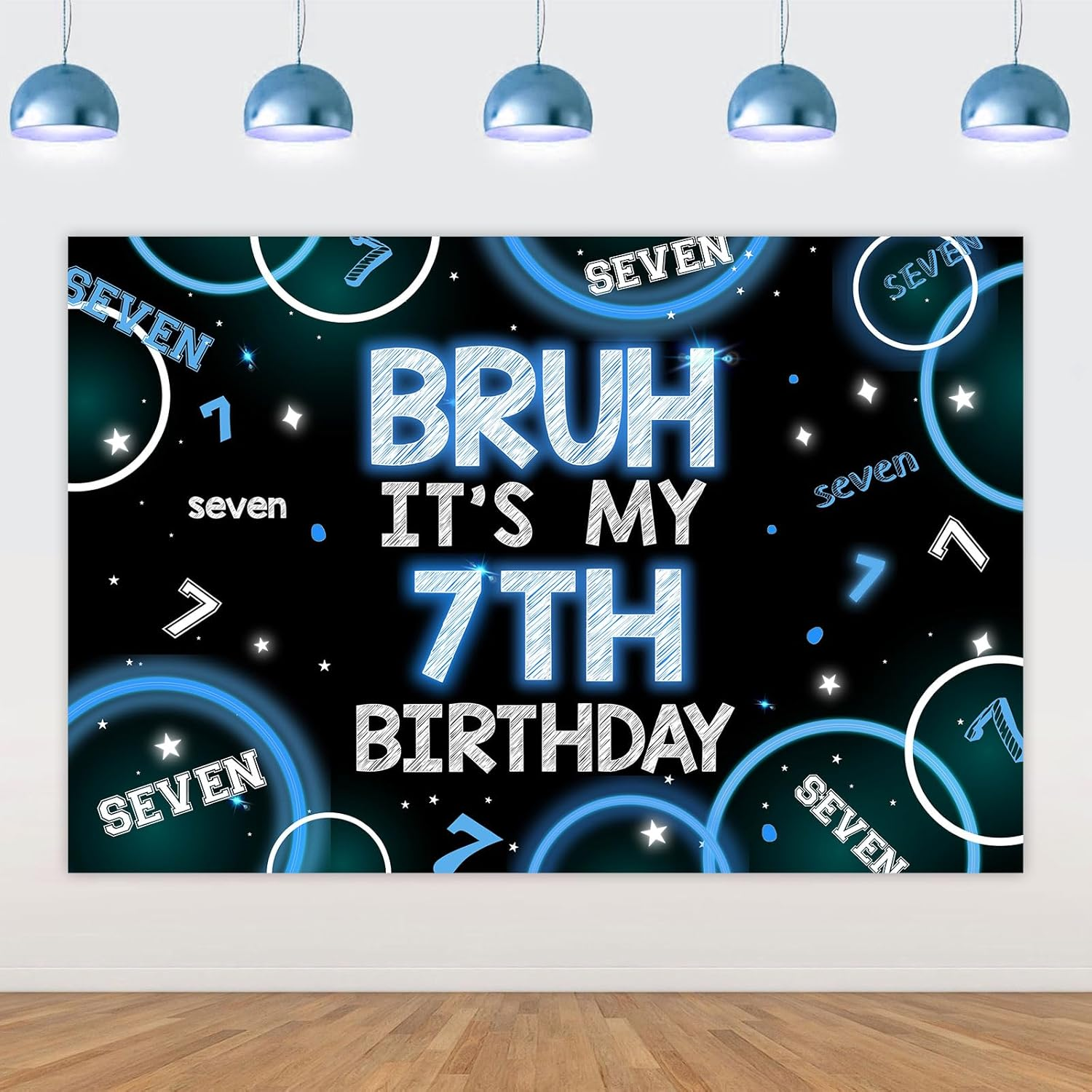 Wonmelody Bruh It&rsquo;S My 7Th Birthday Decor 4.92*3.28Ft Bruh It&rsquo;S My 7Th Birthday Backdrop Banner Blue Black 7Th Birthday Decor for Boy Happy 7Th Birthday Party Supplies Seven Years Old Photo Booth Prop image number 5