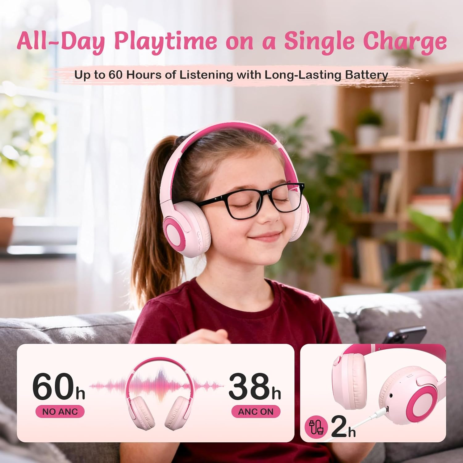 TONOSHARK Kids Headphones Wireless Lightweight, Active Noise Cancelling Headphones for Kids, 60H Playtime, Bluetooth Over-Ear Headset for Home/School/Travel - Includes Portable Case (Pink) image number 4