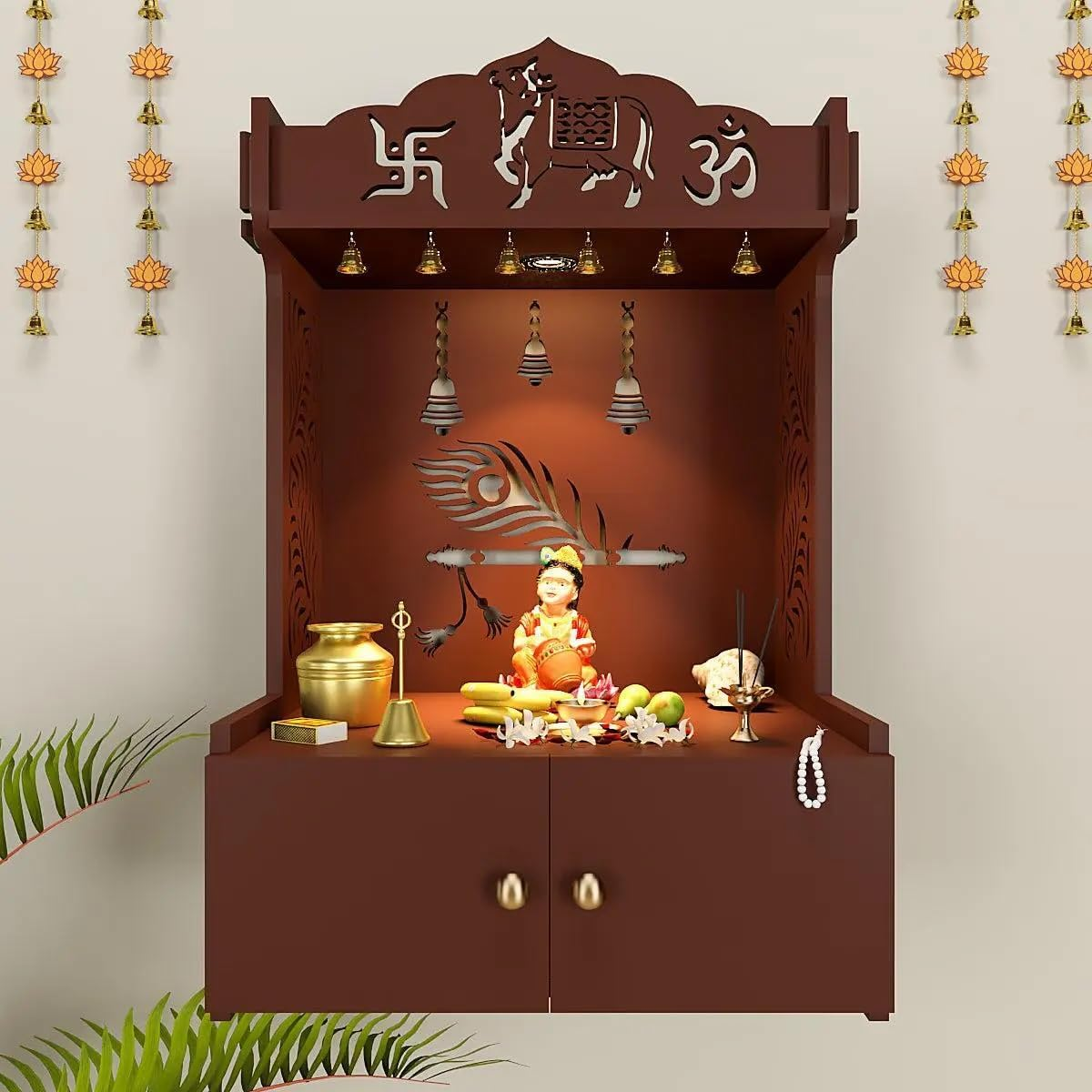 Krishna'S Grace Mor Pankh Wooden Home Temple for Serenity with Inbuilt Focus Light - Walnut Color image number 1