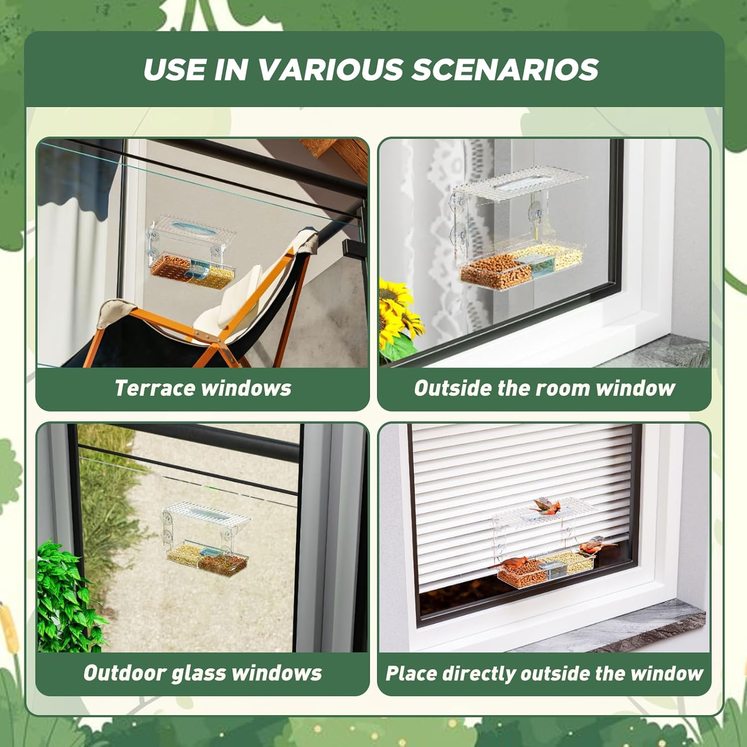 SUSOO Window Bird Feeder for Outdoors with 3 Large Capacity Detachable Seed & Water Tray, Acrylic Clear Bird Feeder with Suction Cups for Watching Wild Birds, Hummingbirds, Finches in Garden, Yard image number 2