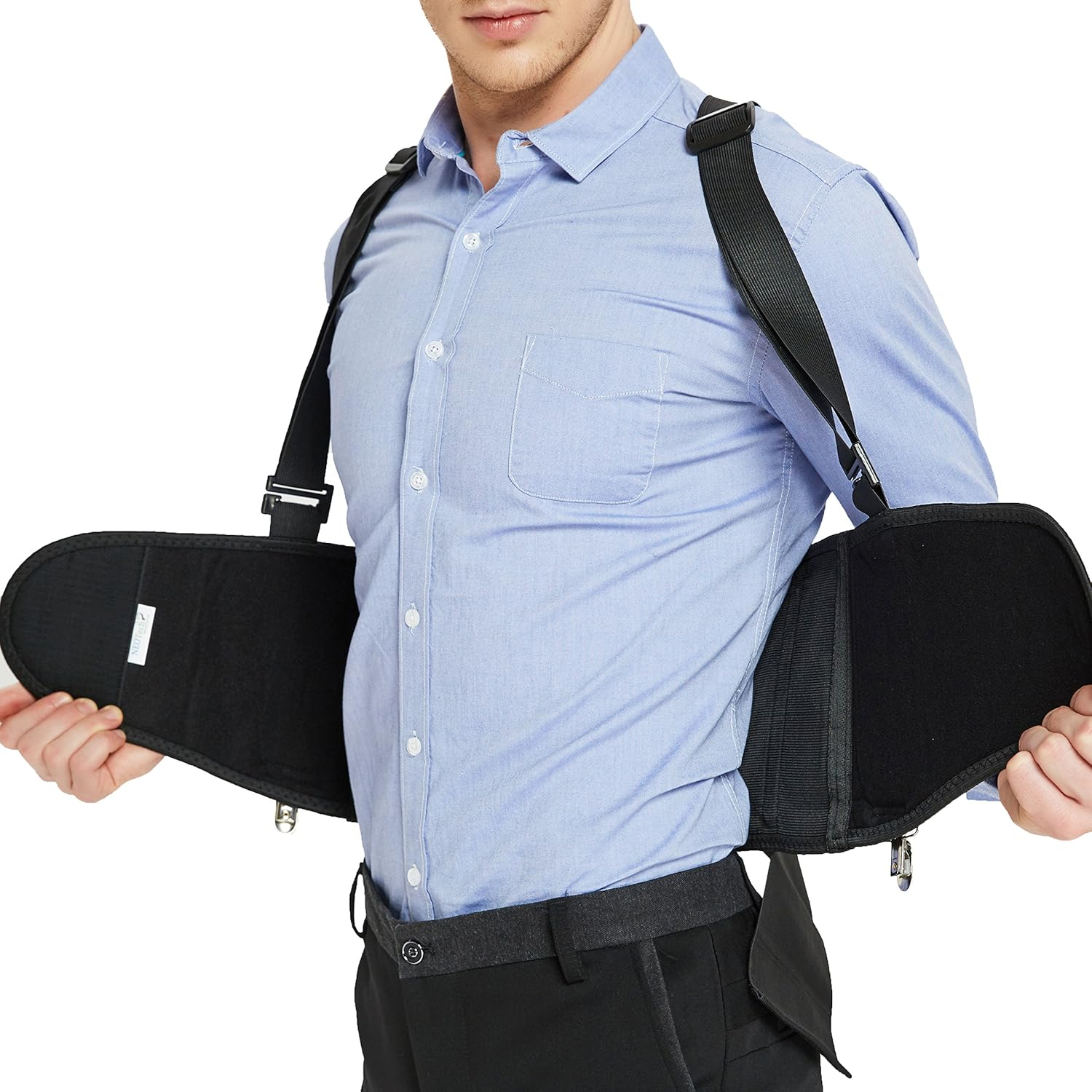 Back Support Belt with Detachable Suspenders & Removable Pants Clips - Lumbar Brace - Adjustable, Light, Breathable - Shoulder Holsters - Work, Posture - Neotech Care - Black - Size S image number 6