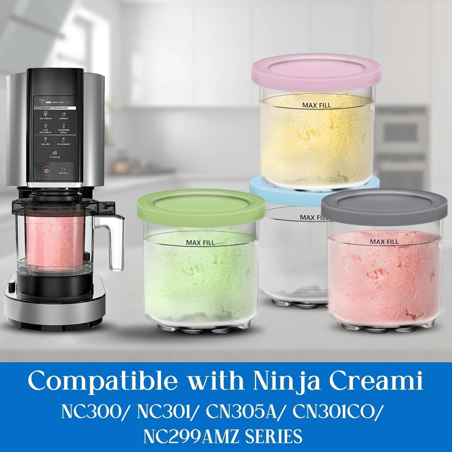 Creami Pints and Lids for Ninja - 4 Pack Creamy Icecream Containers Cups Jars Tubs Canisters Set, Smoothie Pot Compatible with NC299AMZ & Nc300S Series Creamer Ice Cream Maker Machine Accessories image number 5