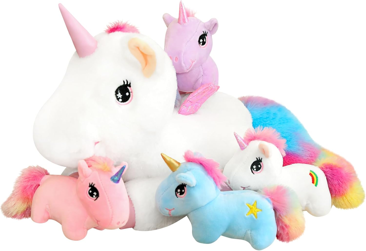 SQEQE Stuffed Animals Cute Unicorn with 4 Babies in Tummy, Rainbow Flying Unicorns Plush Pillow Toys with Wings, Christmas & Birthday Present for Kids