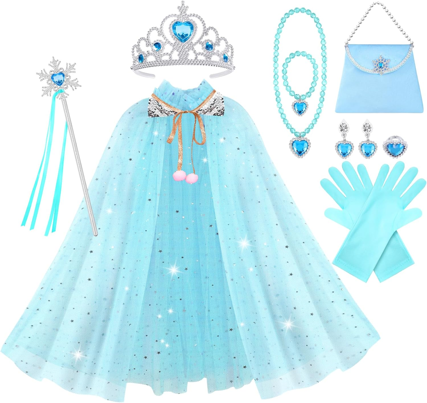 Vicloon 10PCS Princess Cape Set, Princess Dress up Cloak with Crown, Wand, Jewelry, and Bag, Princess Dress up Clothes