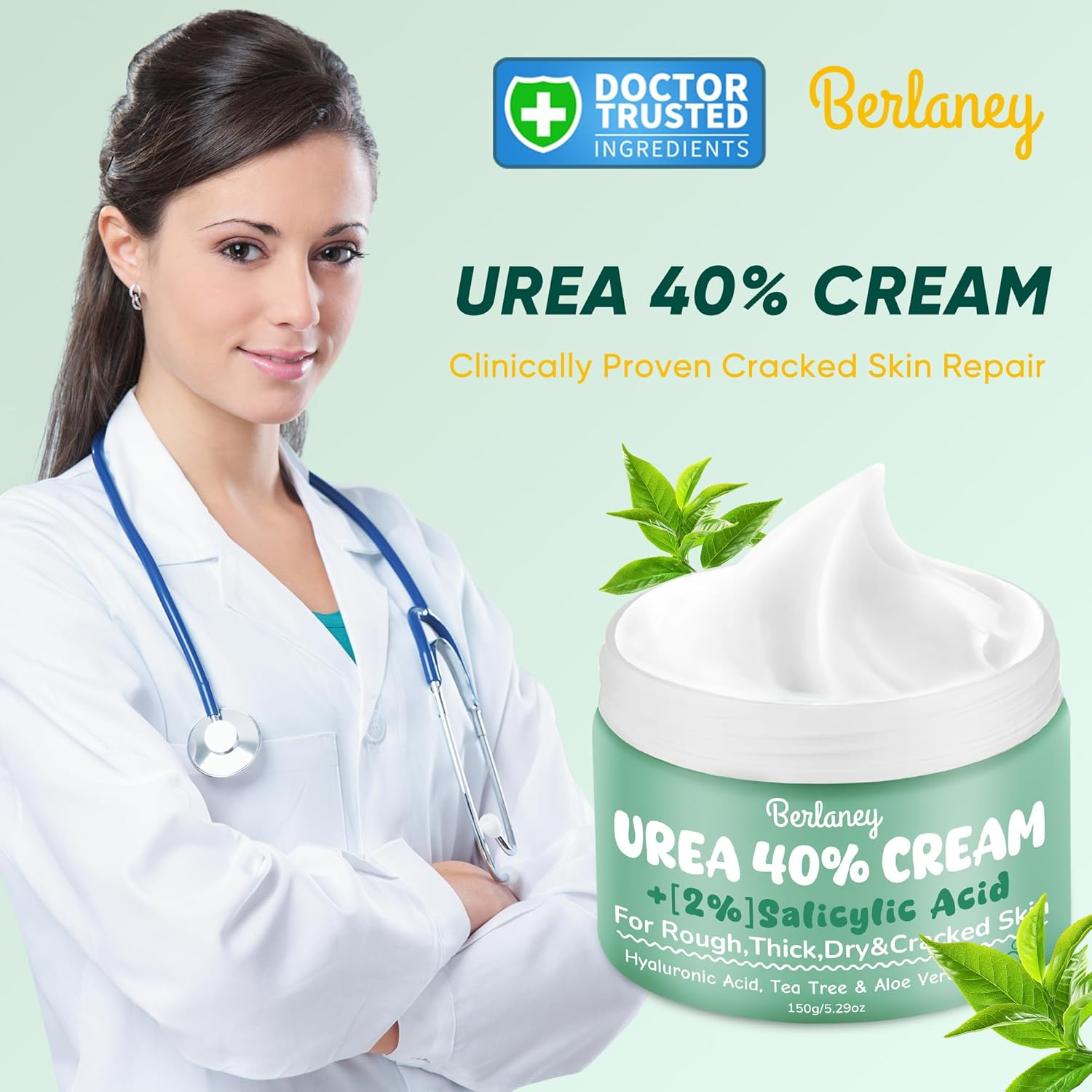 Berlaney Urea Cream 40 Percent for Feet plus 2% Salicylic Acid 5.29 Oz || Foot Cream and Hand Cream Maximum Strength with Hyaluronic Acid,Tea Tree,And Aloe Vera for Deep Moisturizes,Callus Remover image number 2